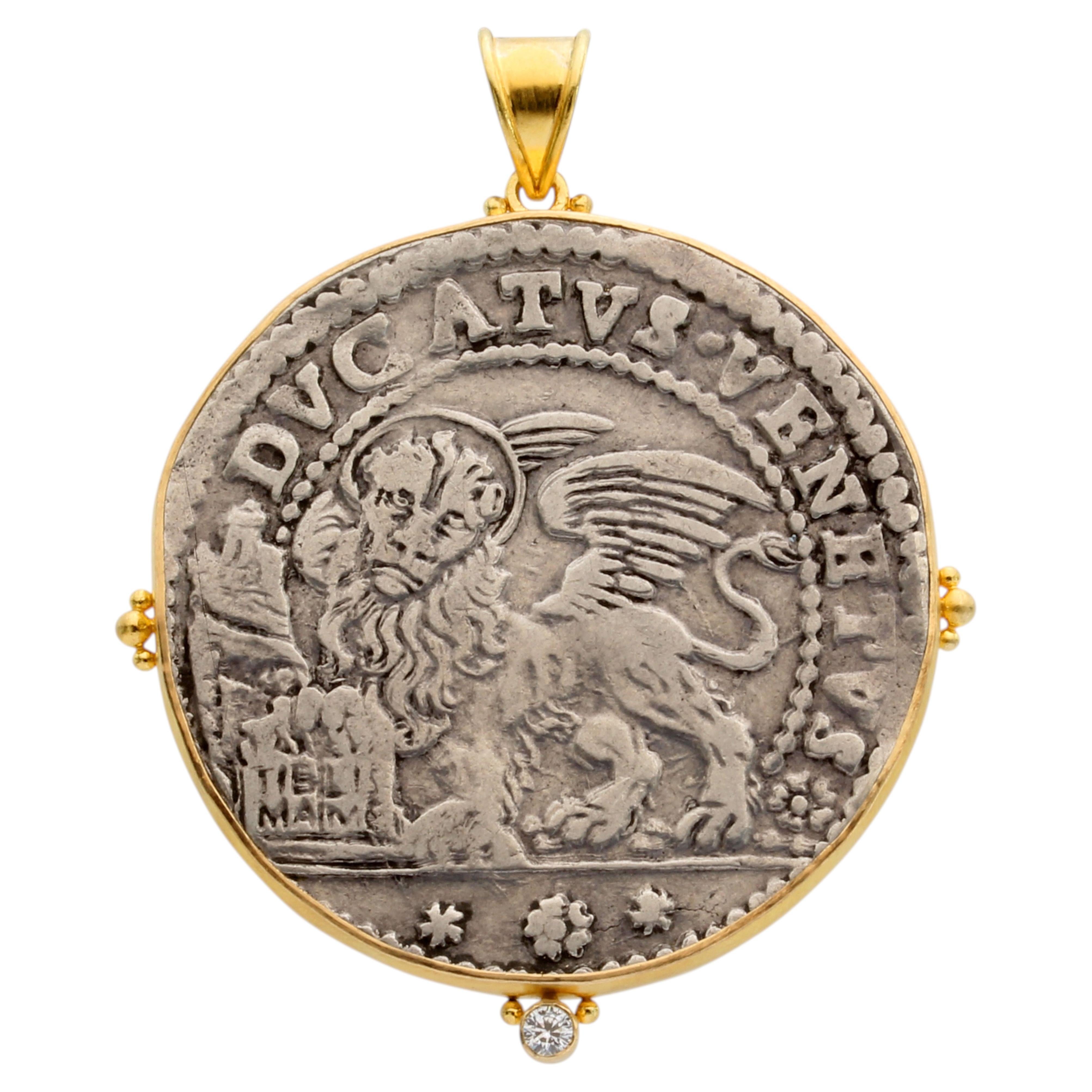 17th Century Venice Lion of St Marks Coin Diamond 18K Gold Pendant For Sale