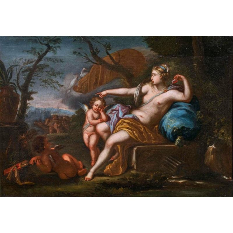 Area of ??Bon Boullogne (Paris, 1649 - there, 1717) Venus and Cupid with Bacchic procession

Measures: Oil on canvas, 64 x 94 cm - with frame 83.5 x 113 cm

In the present painting Venus, softly lying on a stone seat equipped with an opulent