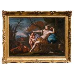 Peinture sur toile du 17ème siècle représentant Vénus et Cupidon à la procession bacchique