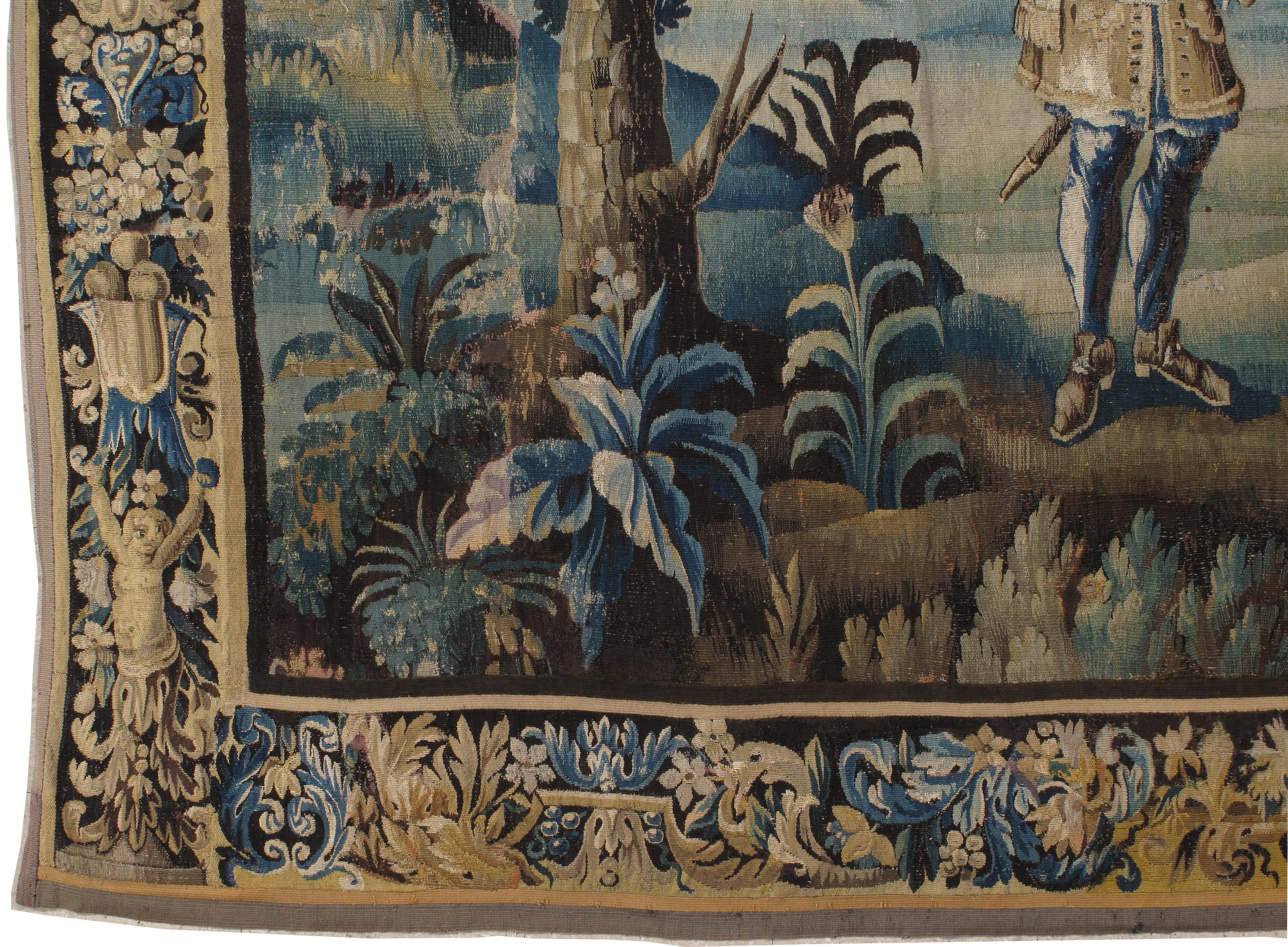 This magnificent tapestry was woven in Flanders during the middle of the European Renaissance, in the late 1700s. At this time, Flanders was creating some of the best textiles in the world, and many of the rich wooded scenes with animals and hunting