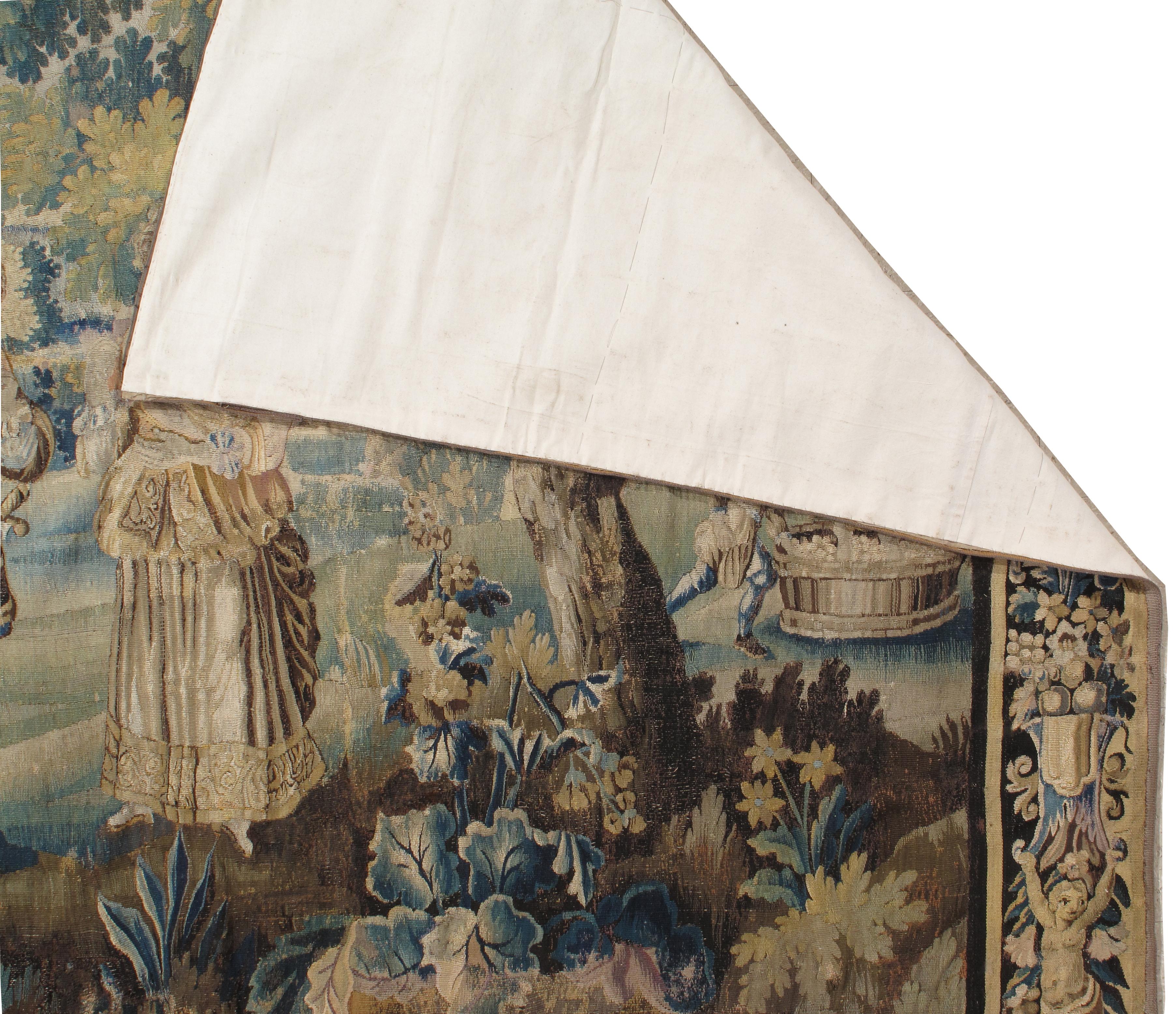 French 17th Century Verdure Tapestry, Garden Tapestry Handmade Green Blue Gold
