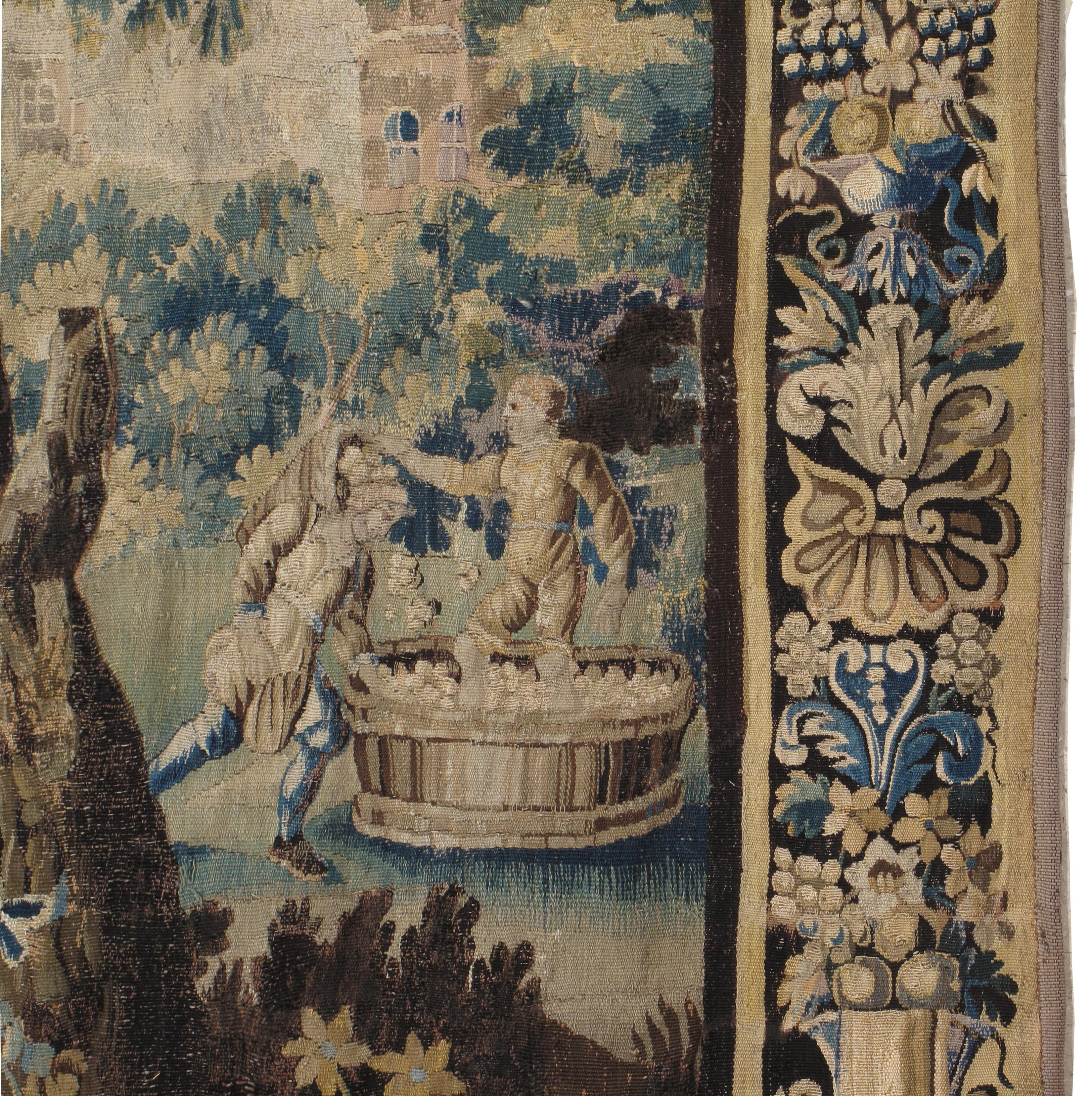 Hand-Knotted 17th Century Verdure Tapestry, Garden Tapestry Handmade Green Blue Gold