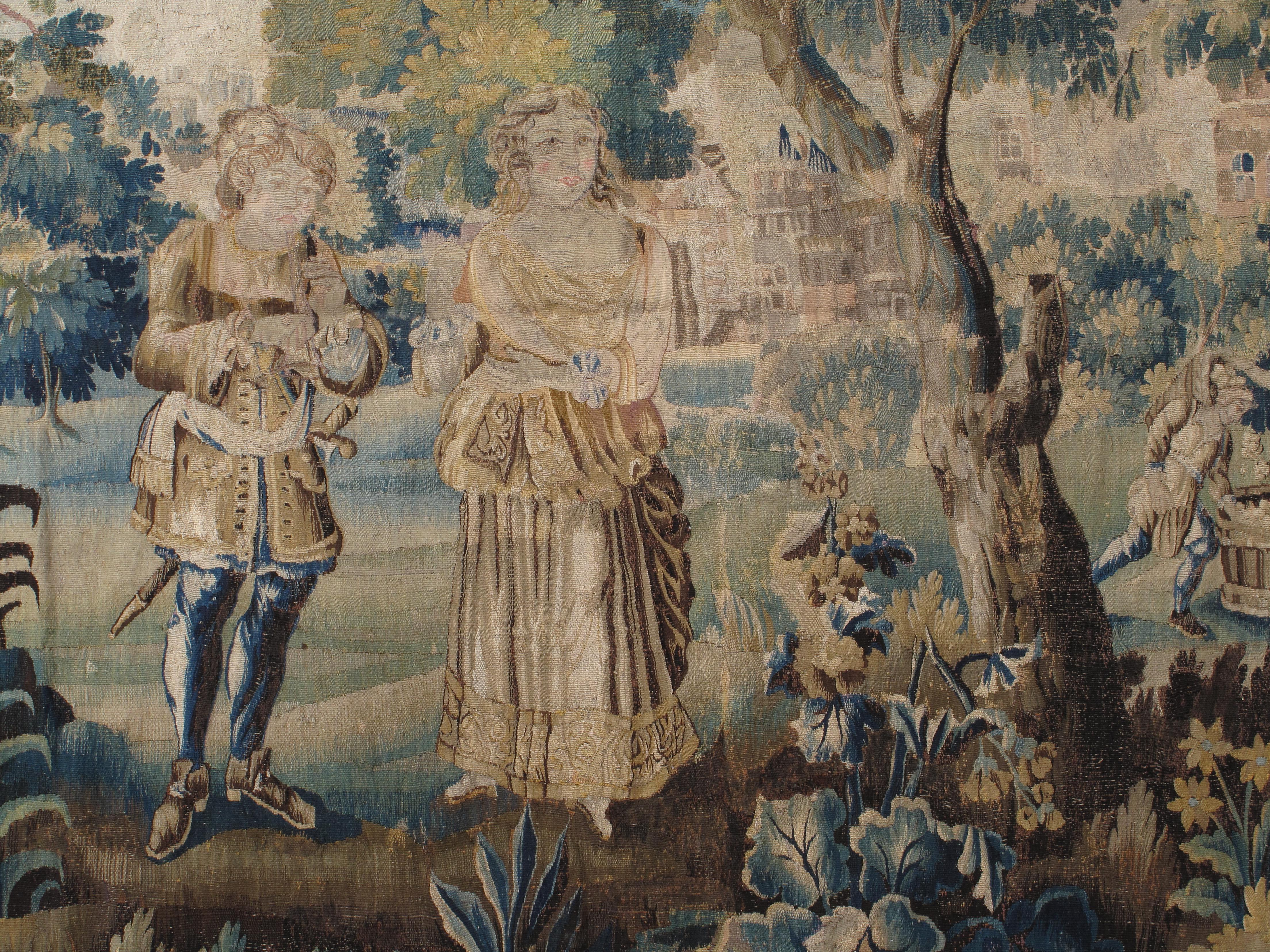 17th Century Verdure Tapestry, Garden Tapestry Handmade Green Blue Gold In Good Condition In Port Washington, NY