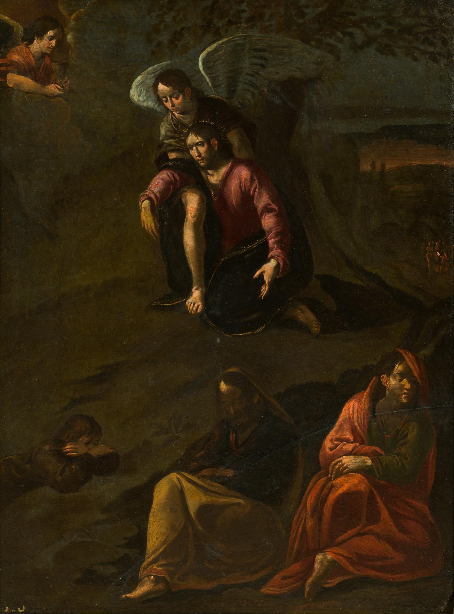 Cristo sostenido por un ángel en el Huerto de Getsemaní, En Pizarra - Painting Antiguos maestros de 17th century Veronese school