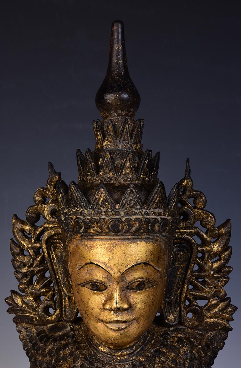 Hand-Carved 17th Century, Very Rare Antique Burmese Wooden Seated Crowned Buddha  For Sale