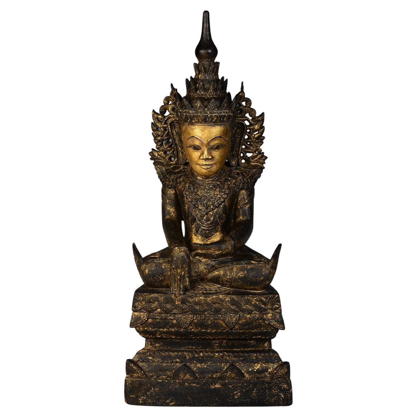 17th Century, Very Rare Antique Burmese Wooden Seated Crowned Buddha  For Sale