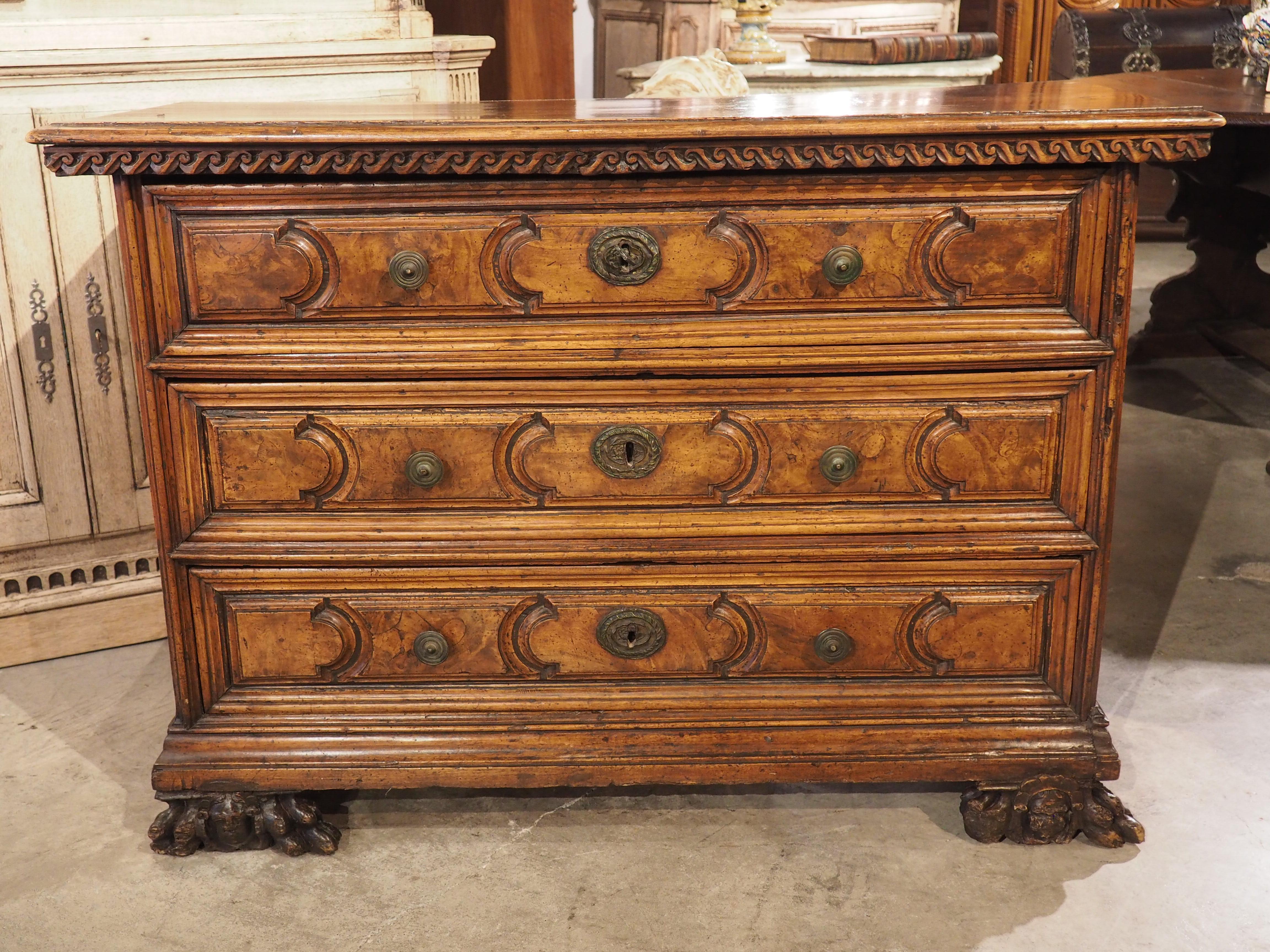 Hand-Carved 17th Century Walnut and Burl Walnut Commode from Tuscany, Italy