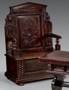 17th Century Walnut Bench Chest Hand Carved with Characters, Fish and Leaves