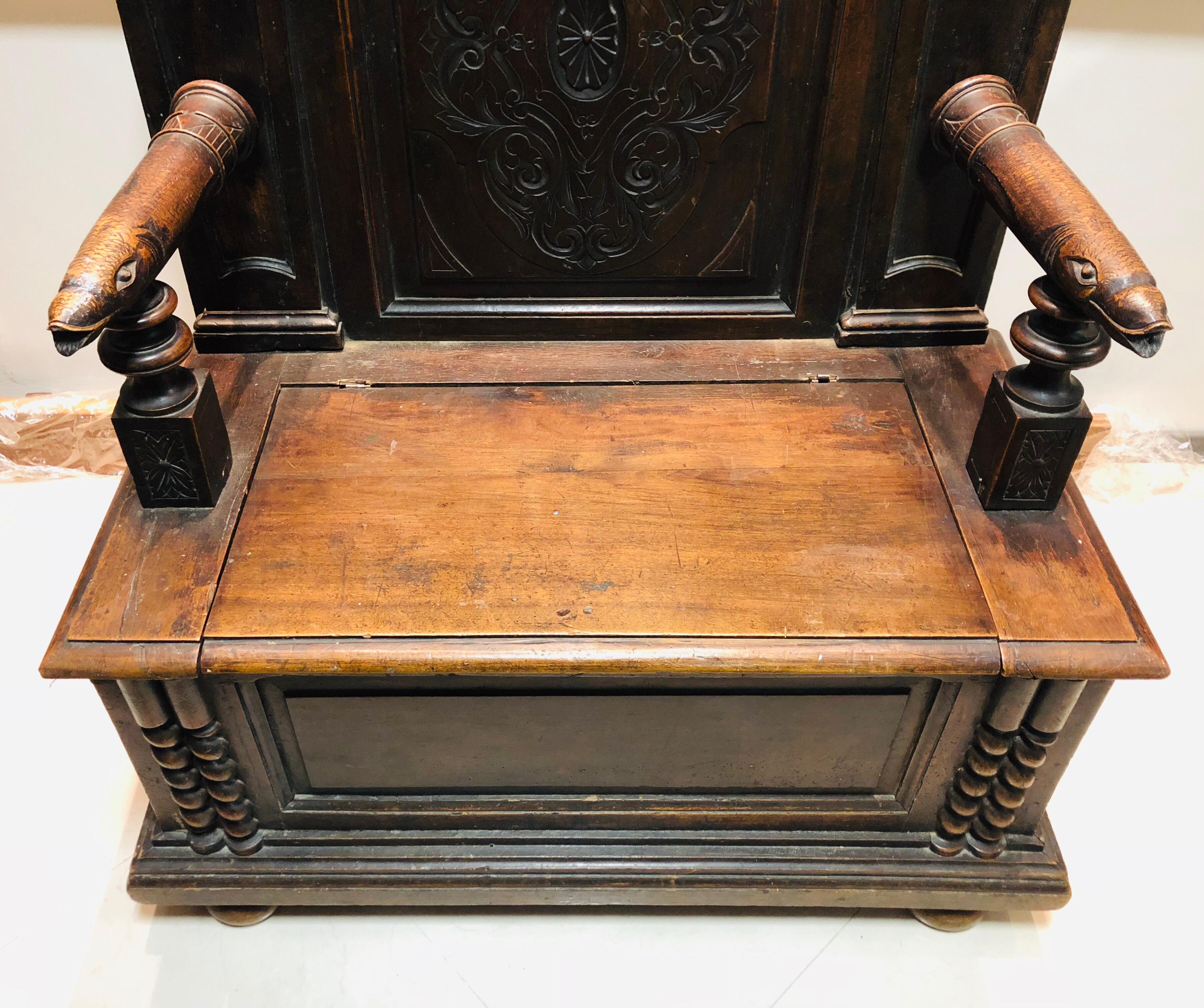English 17th Century Walnut Bench Chest Hand Carved with Characters, Fish and Leaves For Sale