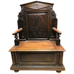 17th Century Walnut Bench Chest Hand Carved with Characters, Fish and Leaves