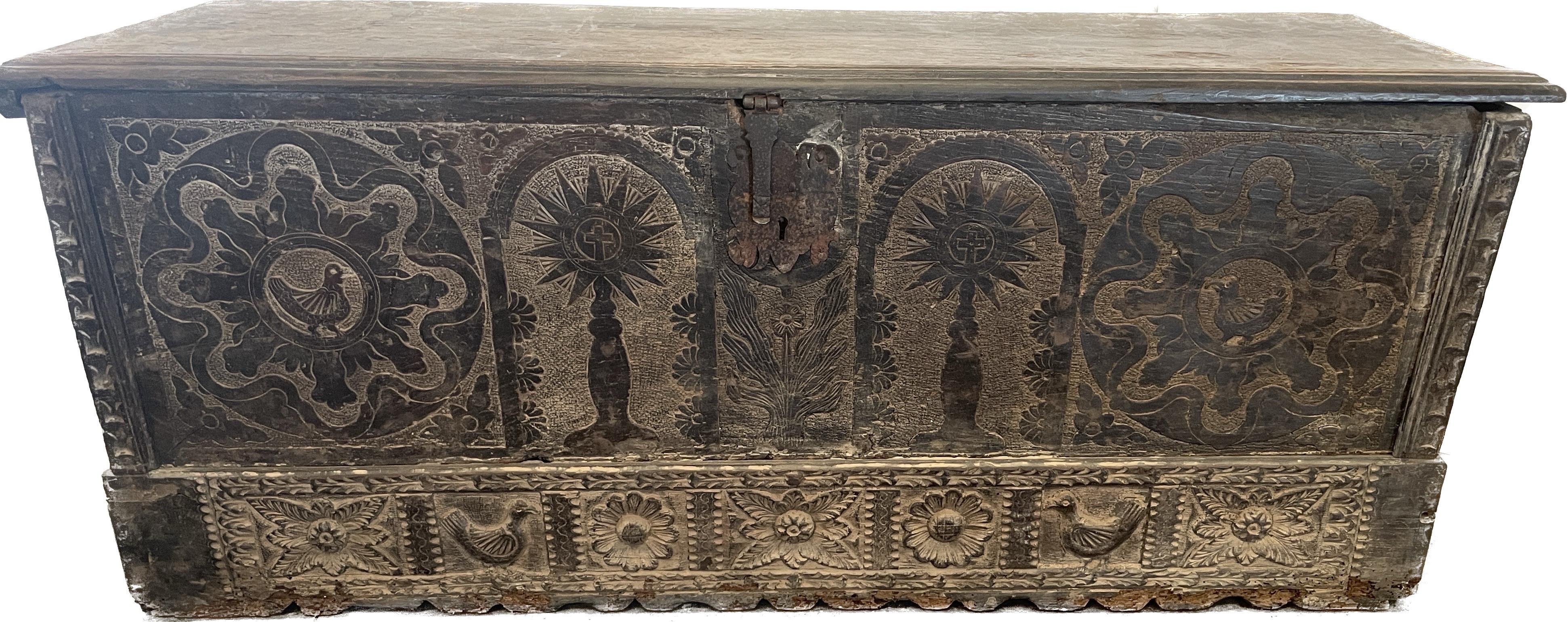 This Spanish beautifully carved walnut trunk from the 1600’s is one of the most handsome I’ve come across in the last ten years.  It’s perfect for the end of a hall with a beautiful mirror or painting above or used as a coffee table. In fact there