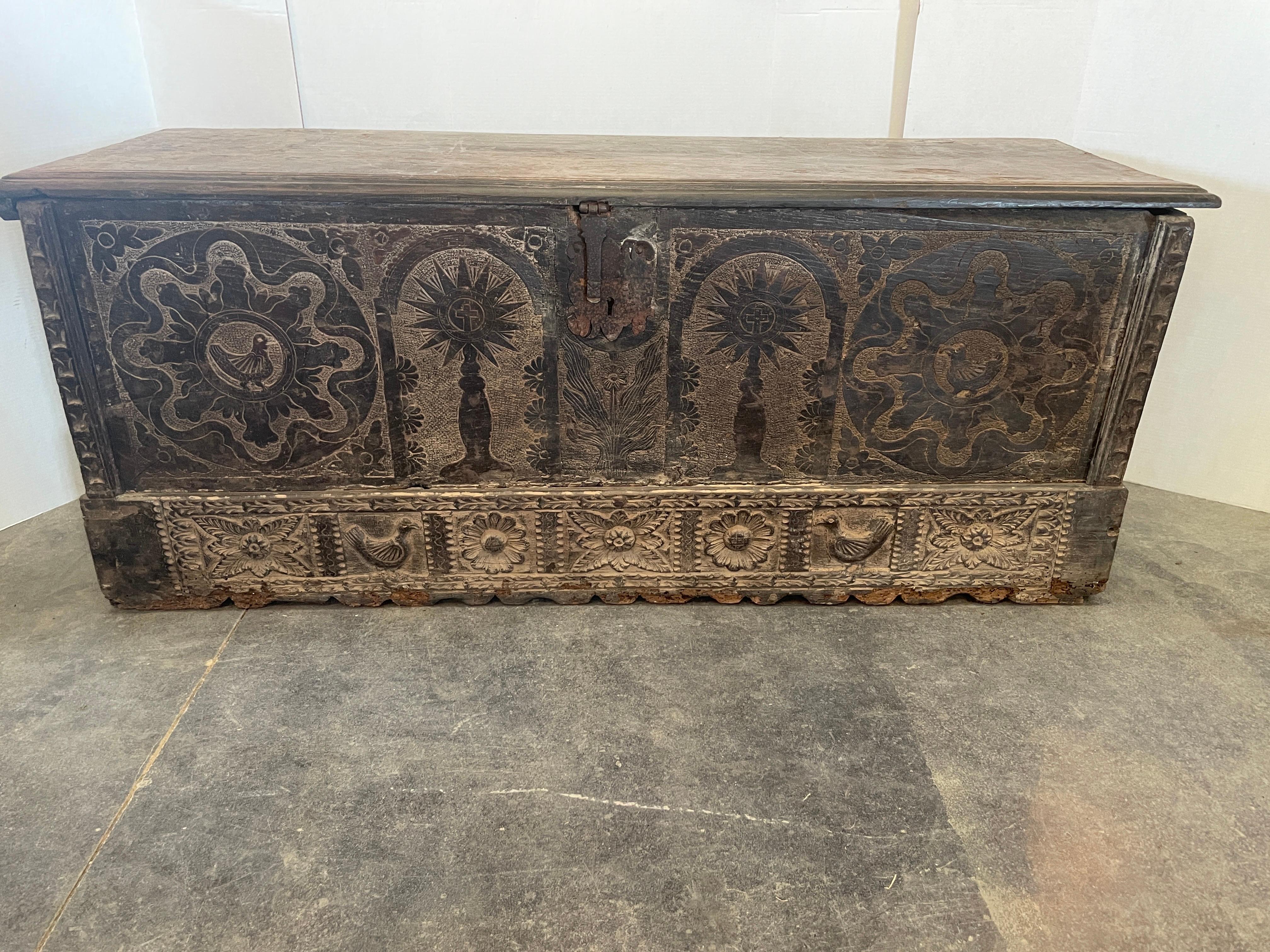 Spanish 17th Century Walnut Carved Trunk From Spain For Sale