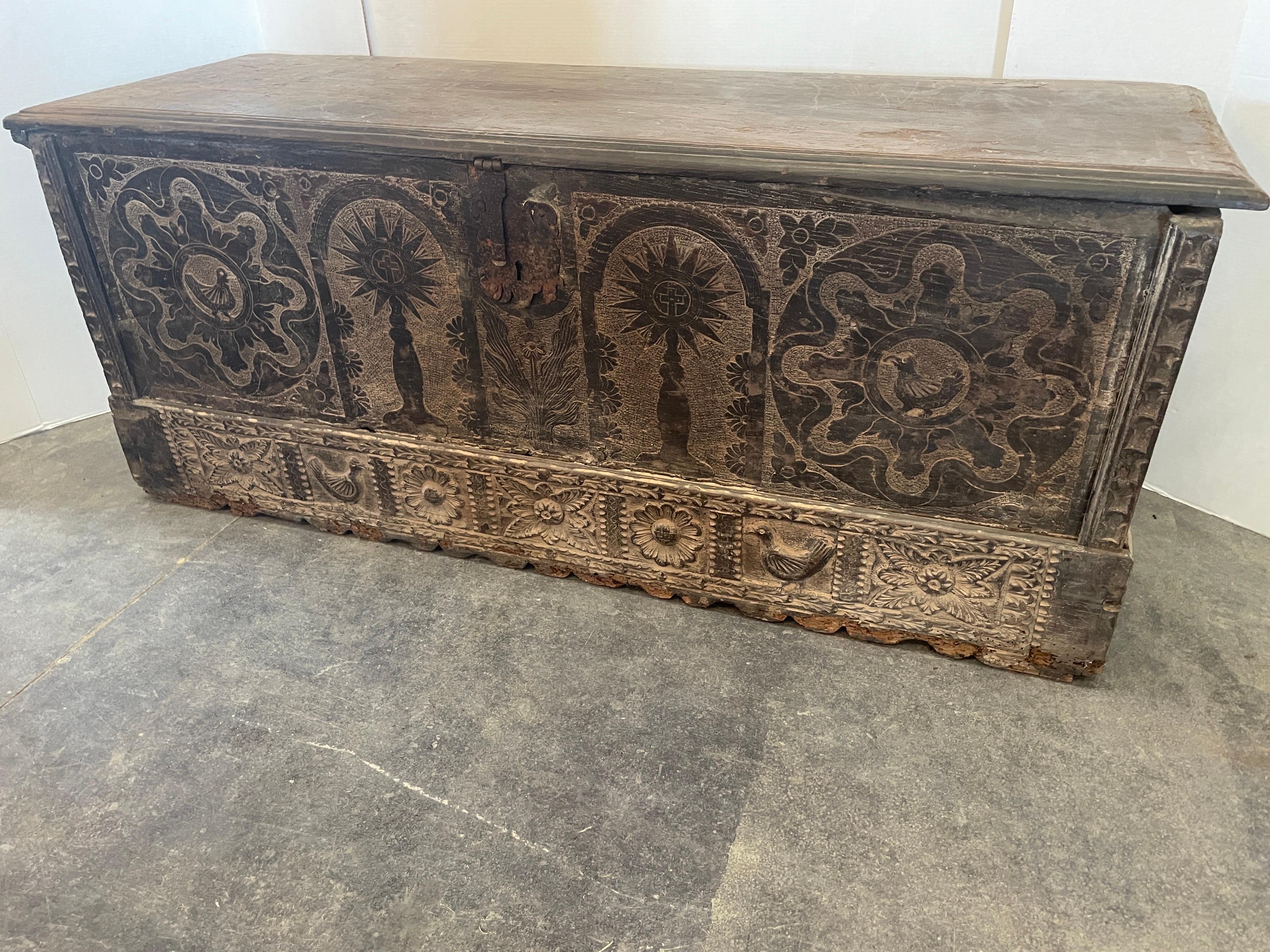Hand-Carved 17th Century Walnut Carved Trunk From Spain For Sale