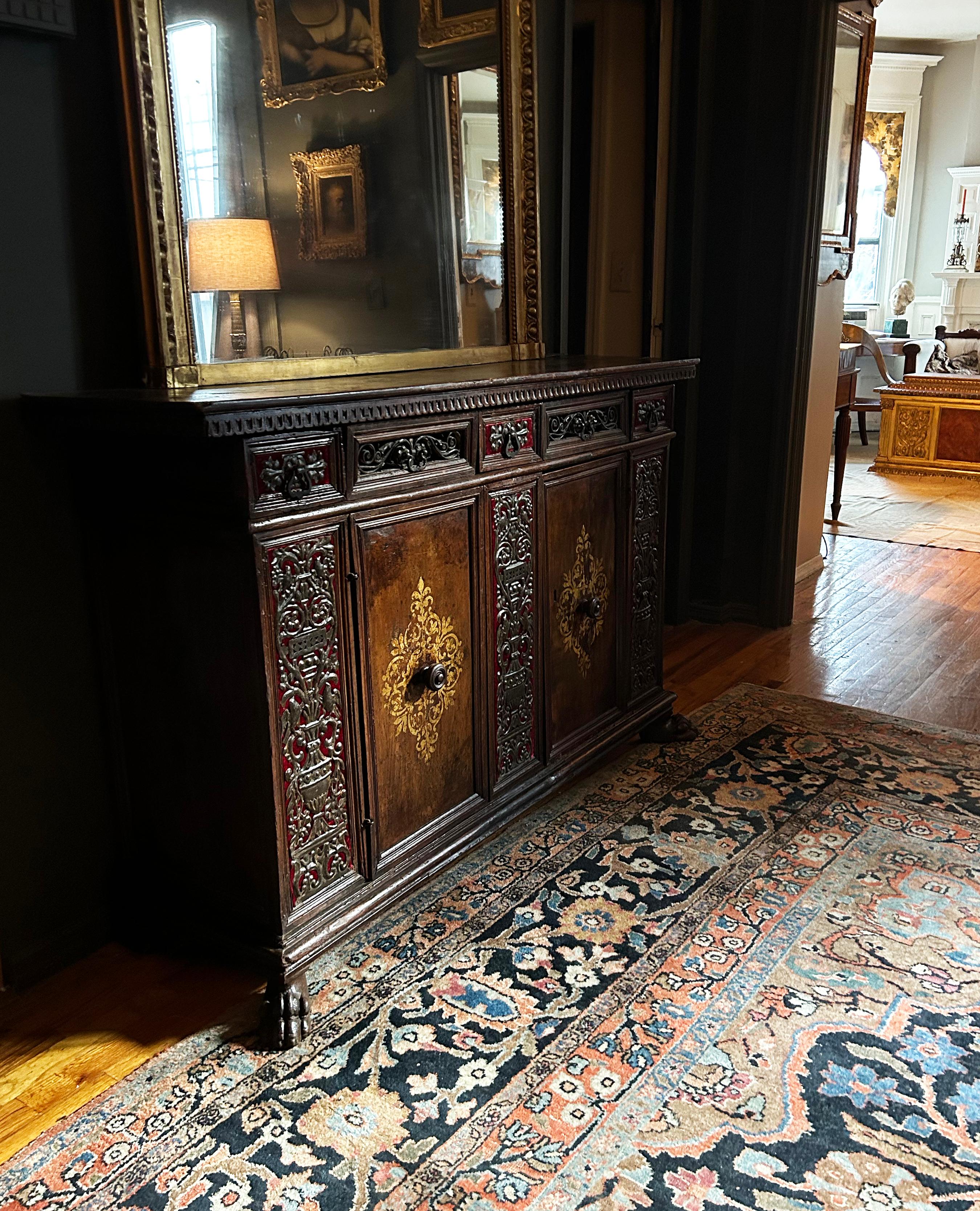 Renaissance 17th Century Walnut Credenza with Velvet and Wrought Iron Detailing For Sale