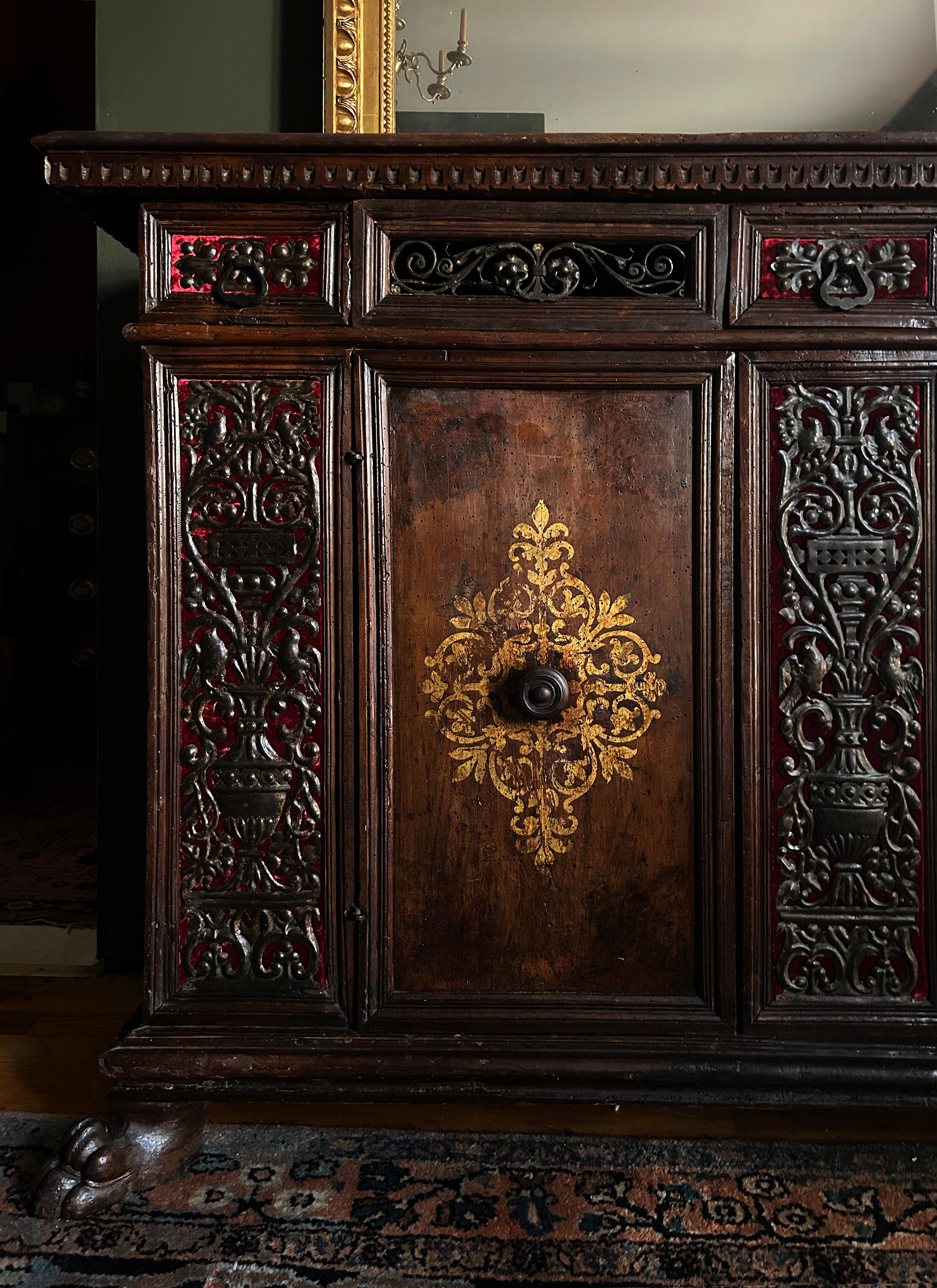 Italian 17th Century Walnut Credenza with Velvet and Wrought Iron Detailing For Sale