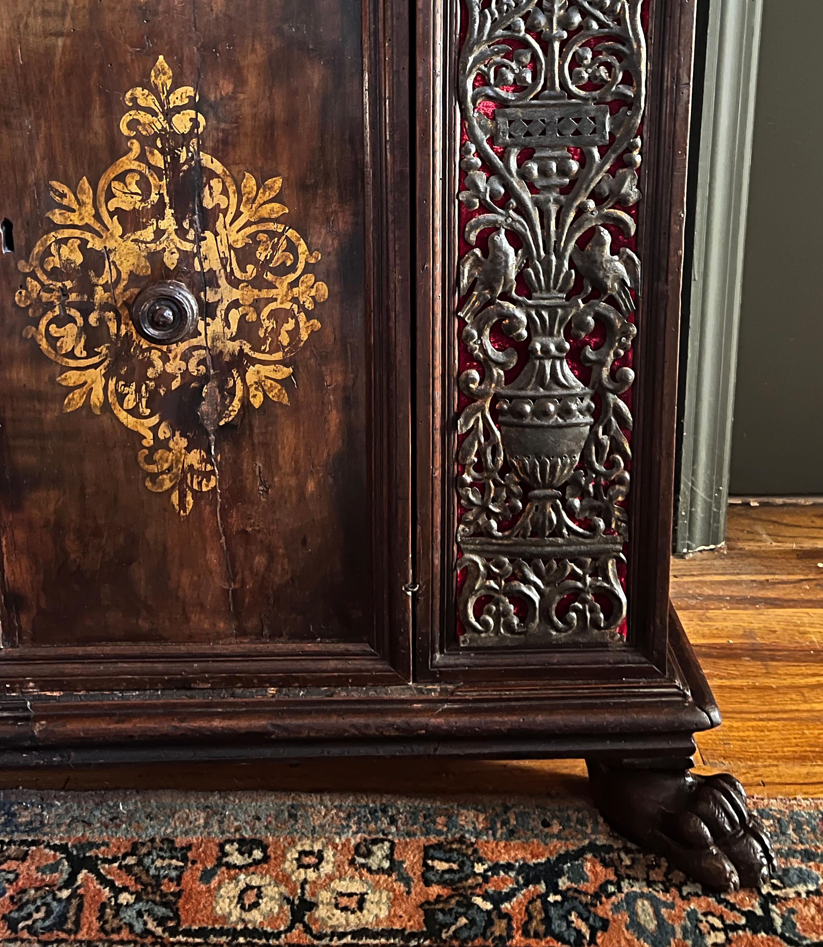 17th Century Walnut Credenza with Velvet and Wrought Iron Detailing For Sale 1