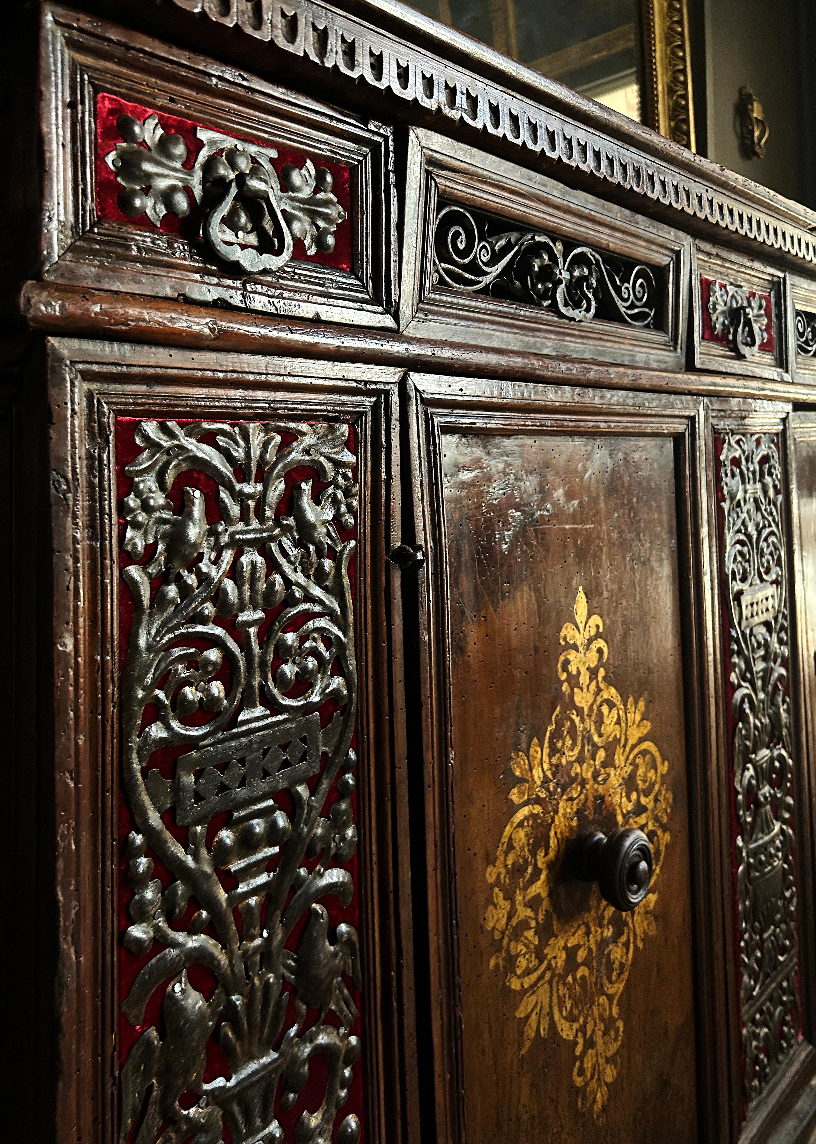 17th Century Walnut Credenza with Velvet and Wrought Iron Detailing For Sale 2