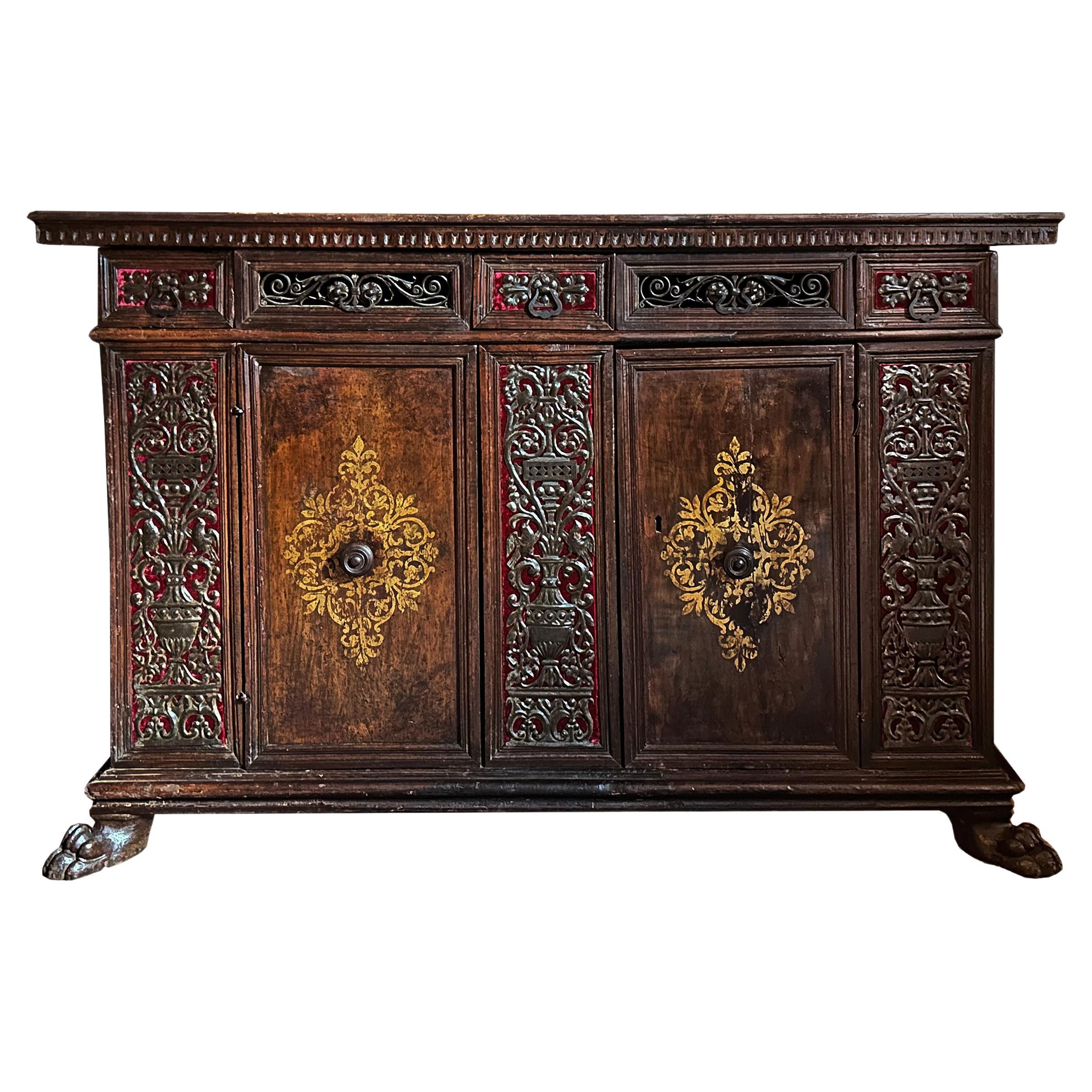 17th Century Walnut Credenza with Velvet and Wrought Iron Detailing For Sale