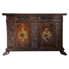17th Century Walnut Credenza with Velvet and Wrought Iron Detailing