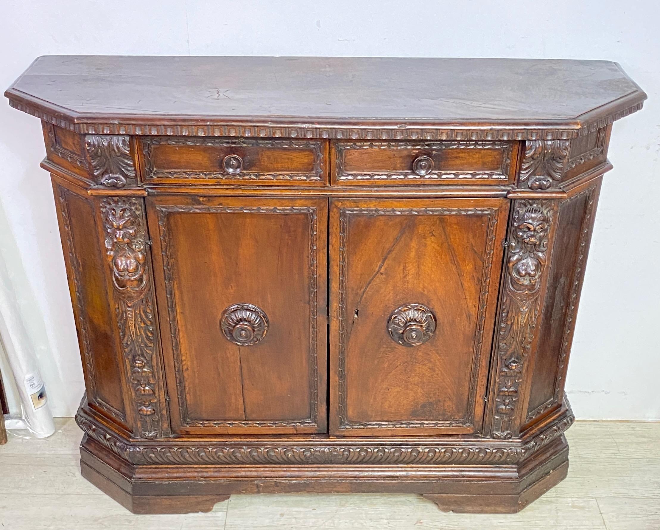 Hand-Carved 17th Century Walnut Italian Renaissance Credenza For Sale