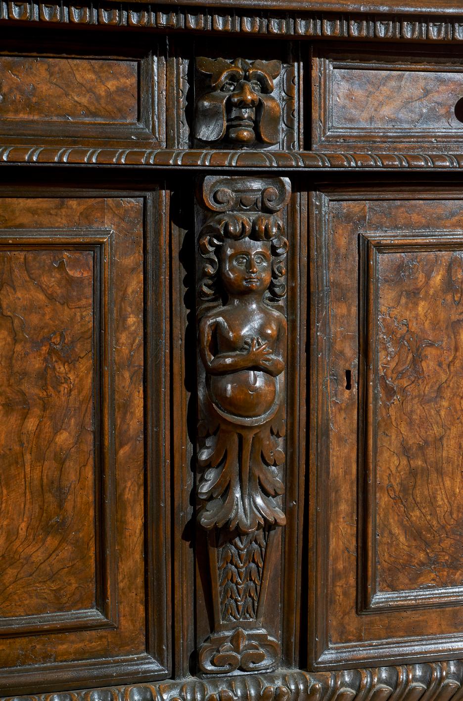 Carved 17th Century Walnut Louis XIV Italian Sideboard