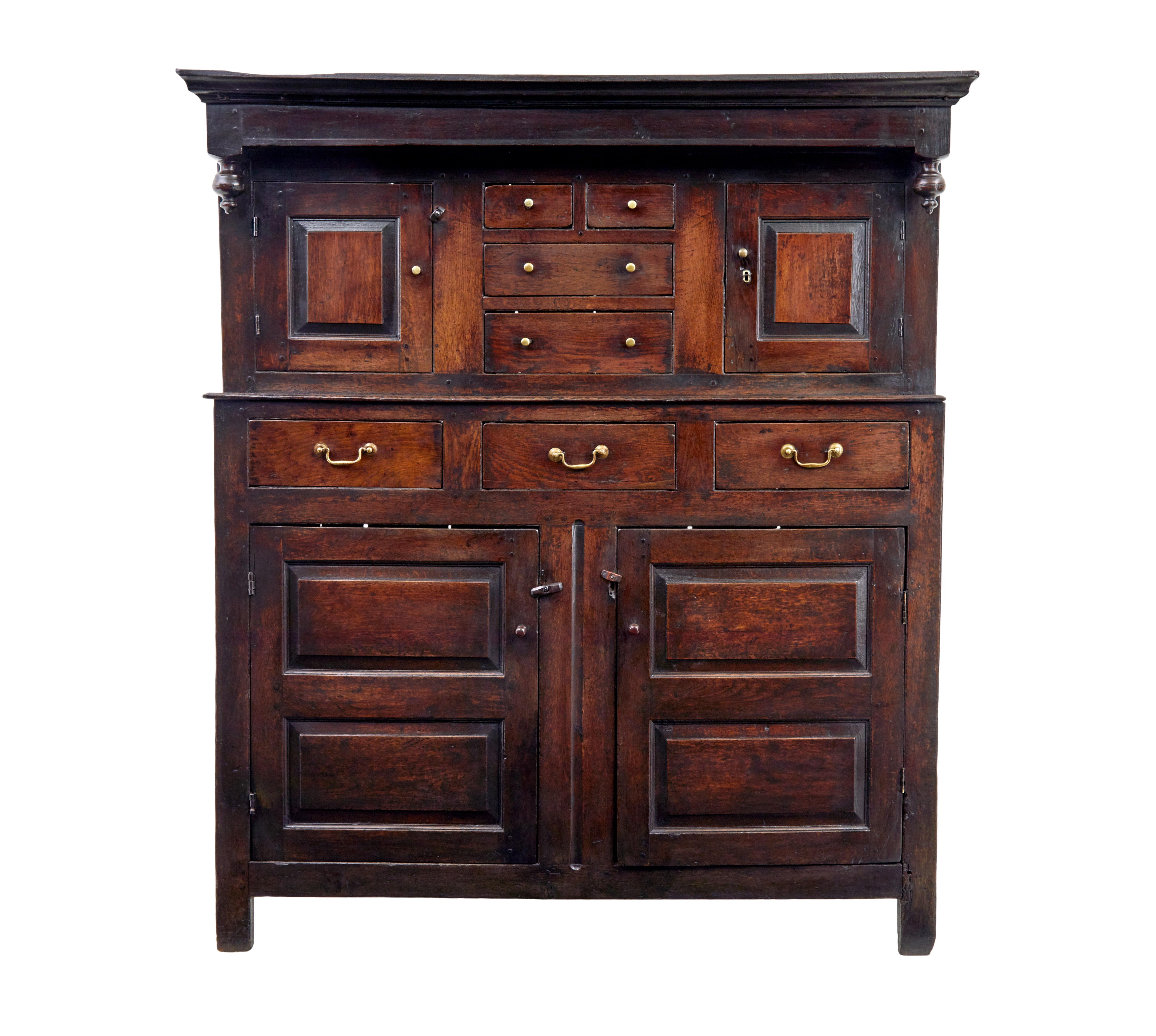 Hand-Carved 17th century Welsh carved oak court cupboard For Sale