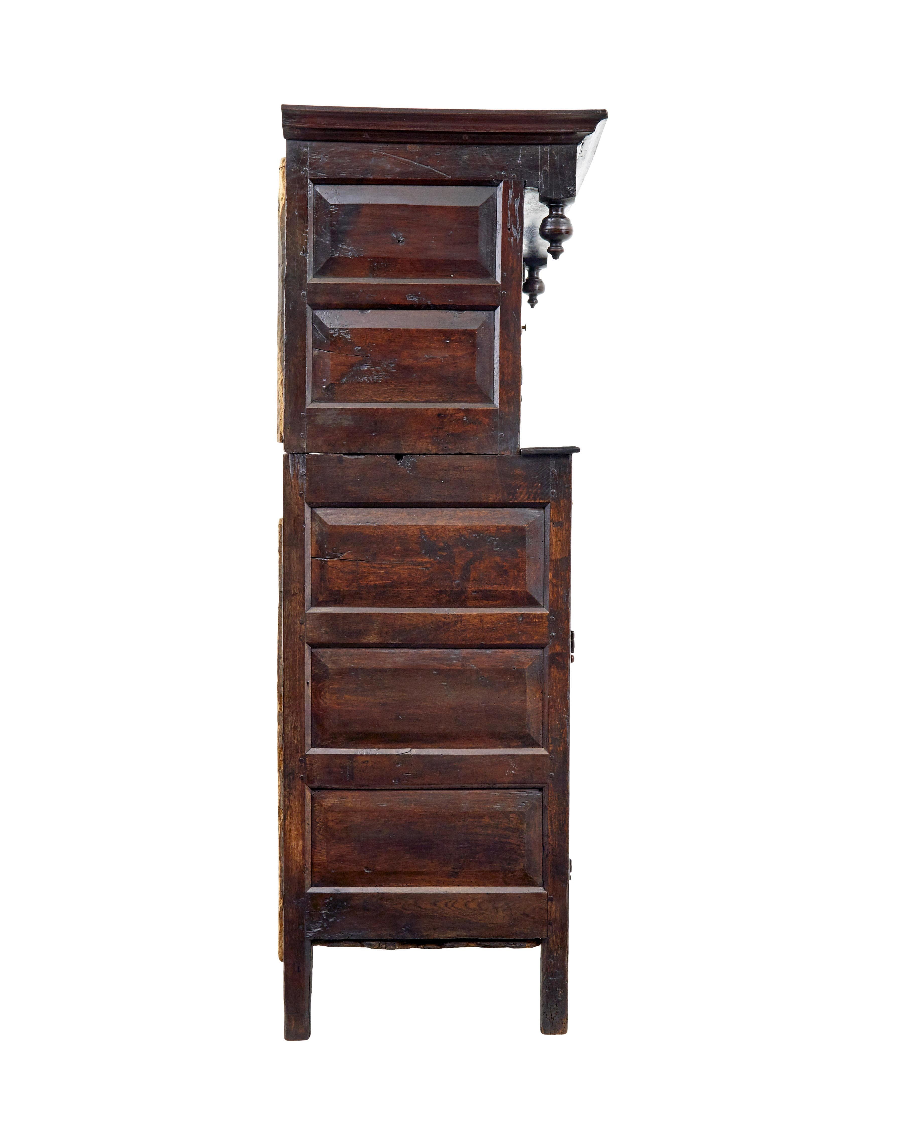 Oak 17th Century Welsh carved oak court cupboard For Sale