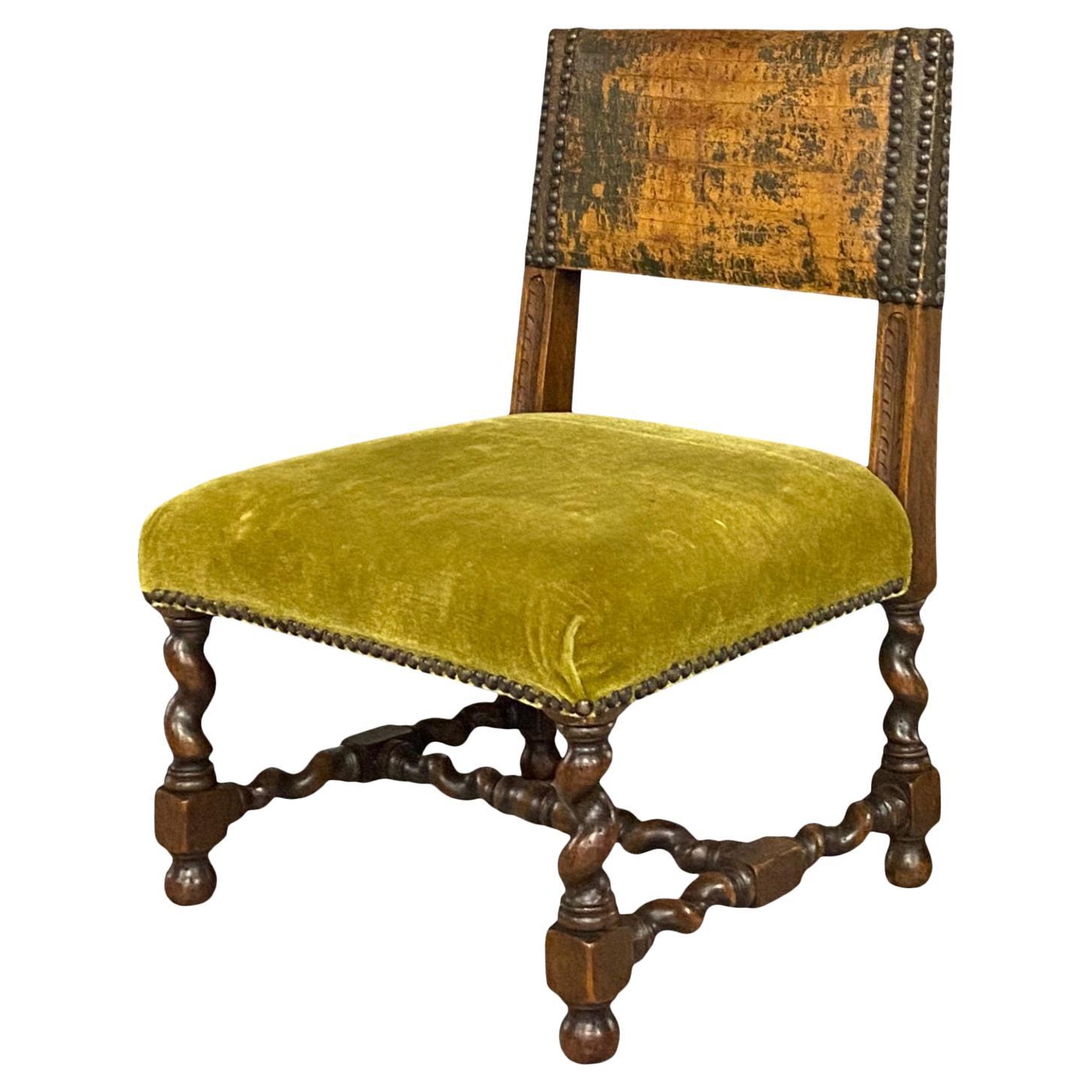 17th Century Welsh Children’s Chair Upholstered in Green Mohair and Leather
