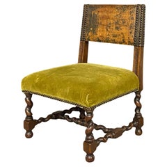 Antique 17th Century Welsh Children’s Chair Upholstered in Green Mohair and Leather