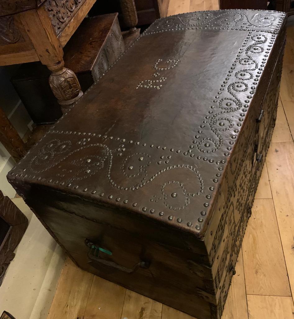17th Century William and Mary Brass Studded Leather Chest For Sale 5