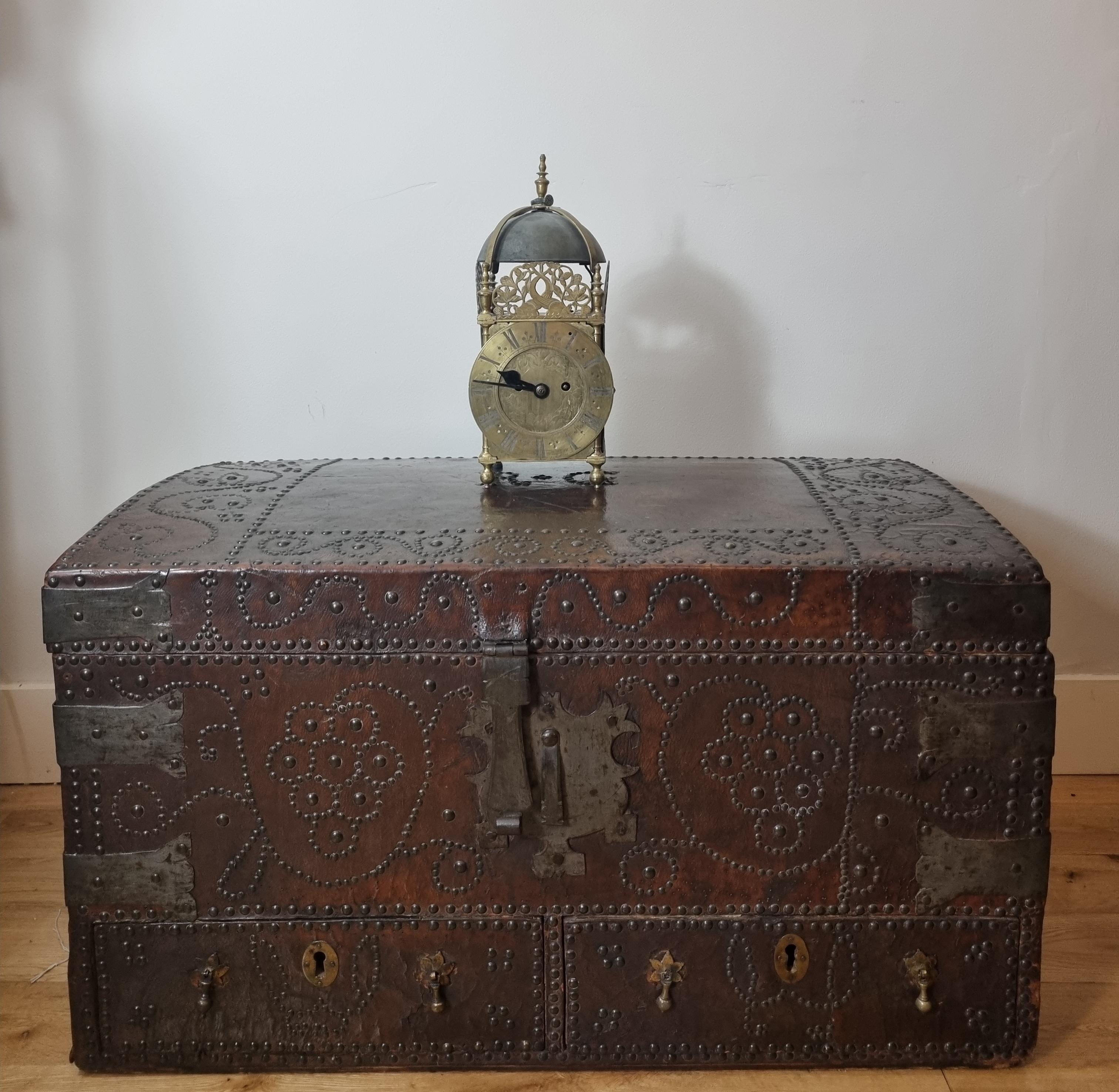 British 17th Century William and Mary Brass Studded Leather Chest For Sale