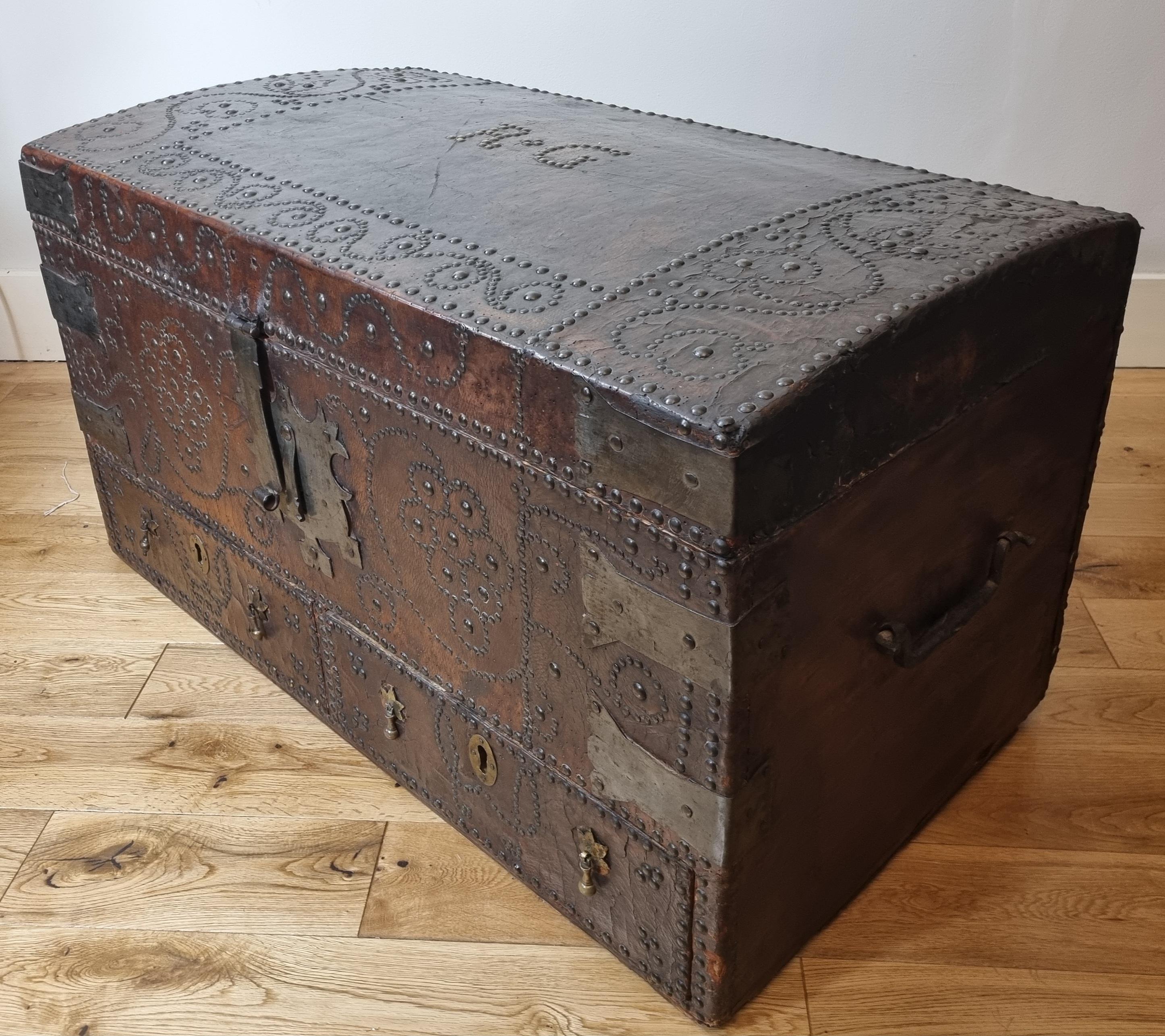 17th Century William and Mary Brass Studded Leather Chest For Sale 1