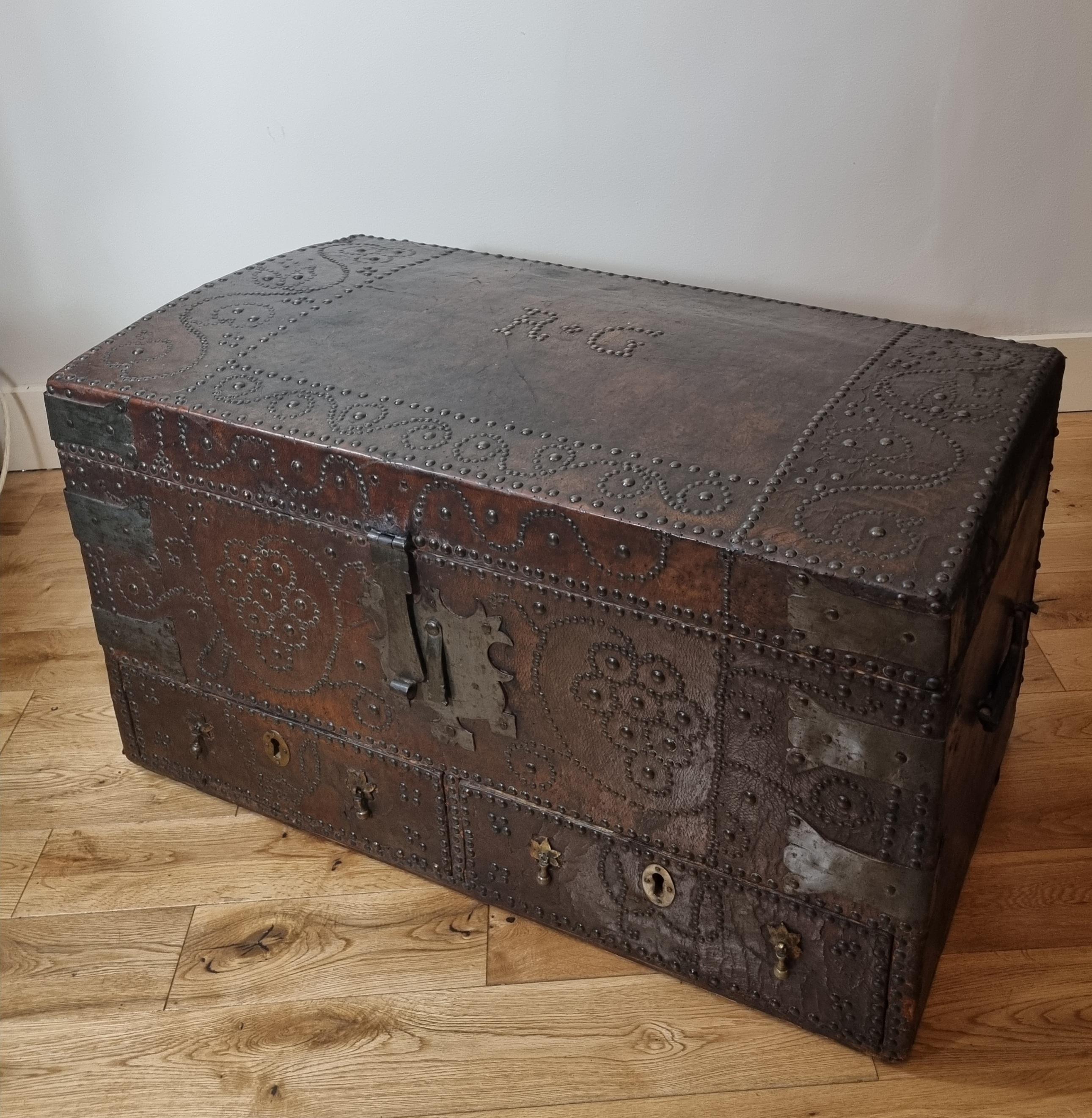 17th Century William and Mary Brass Studded Leather Chest For Sale 2