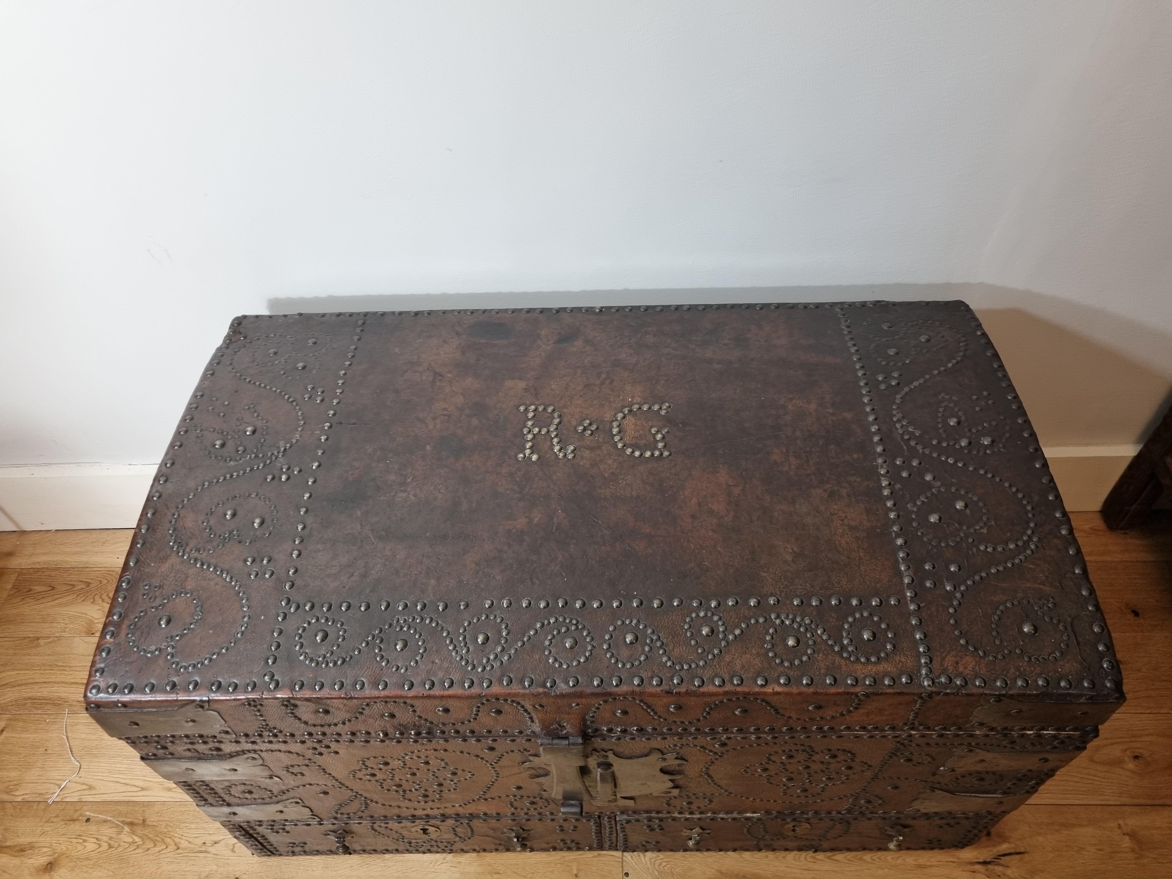 17th Century William and Mary Brass Studded Leather Chest For Sale 3