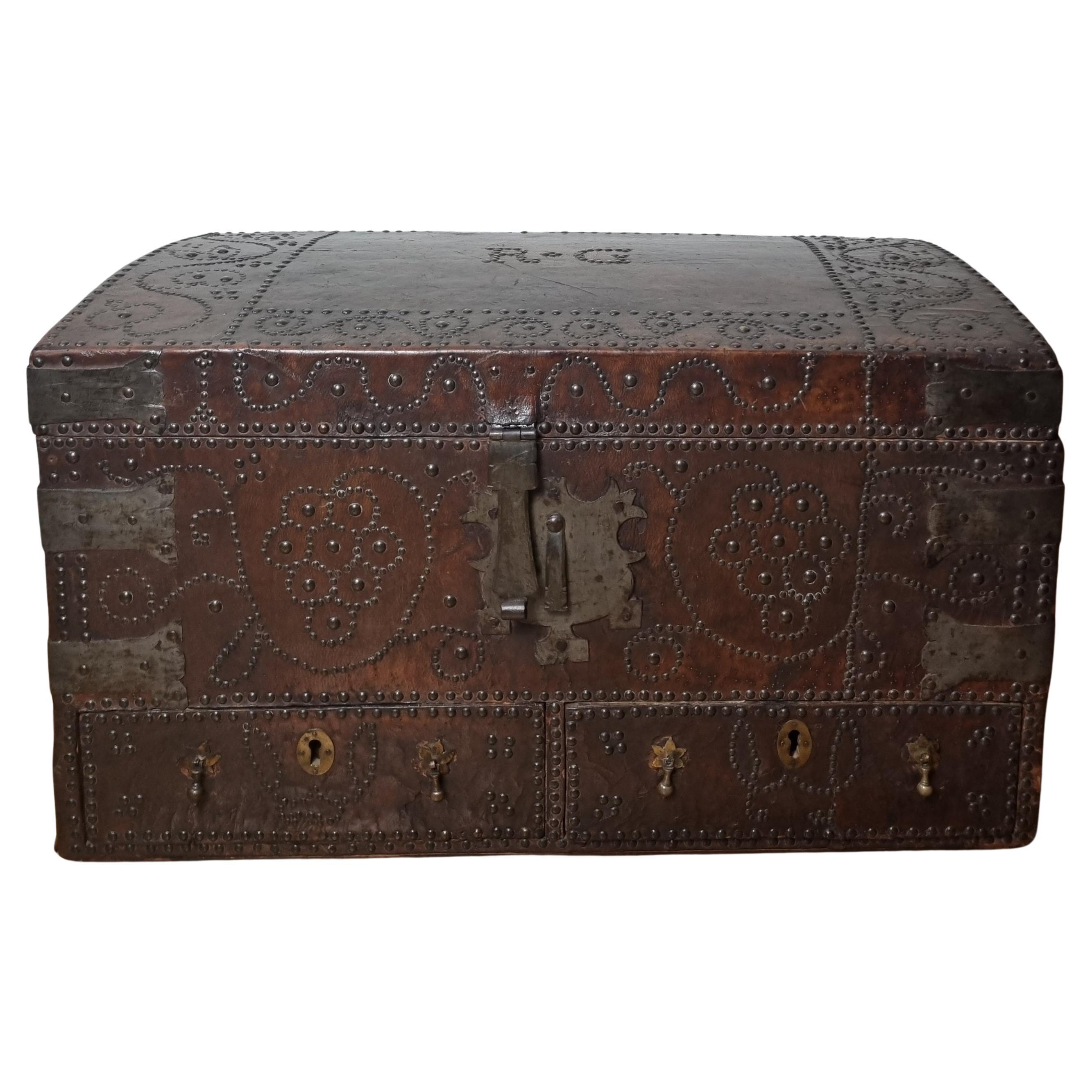 17th Century William and Mary Brass Studded Leather Chest For Sale