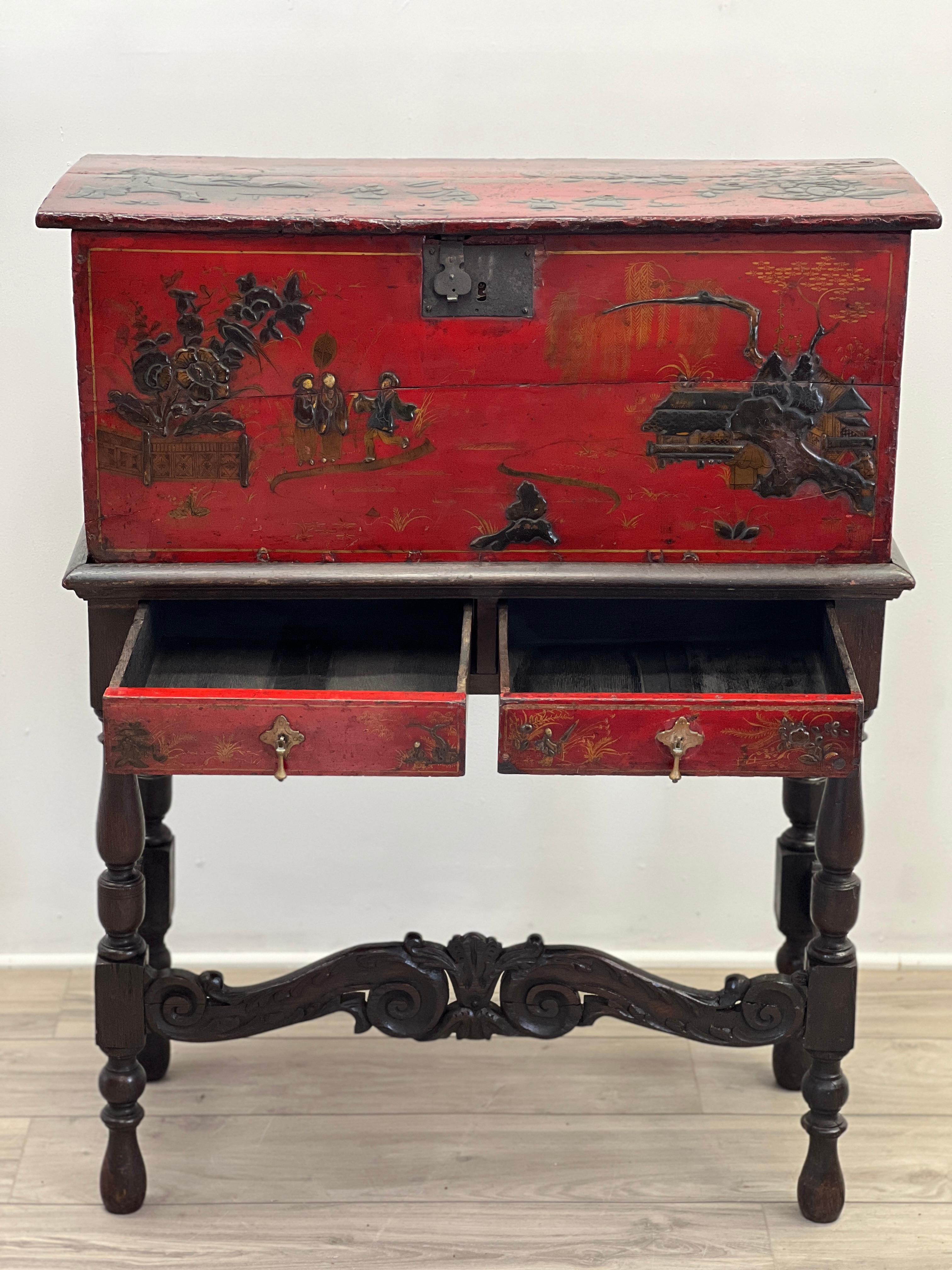 Dutch 17th Century, William and Mary Chinoiserie Trunk on Stand  For Sale