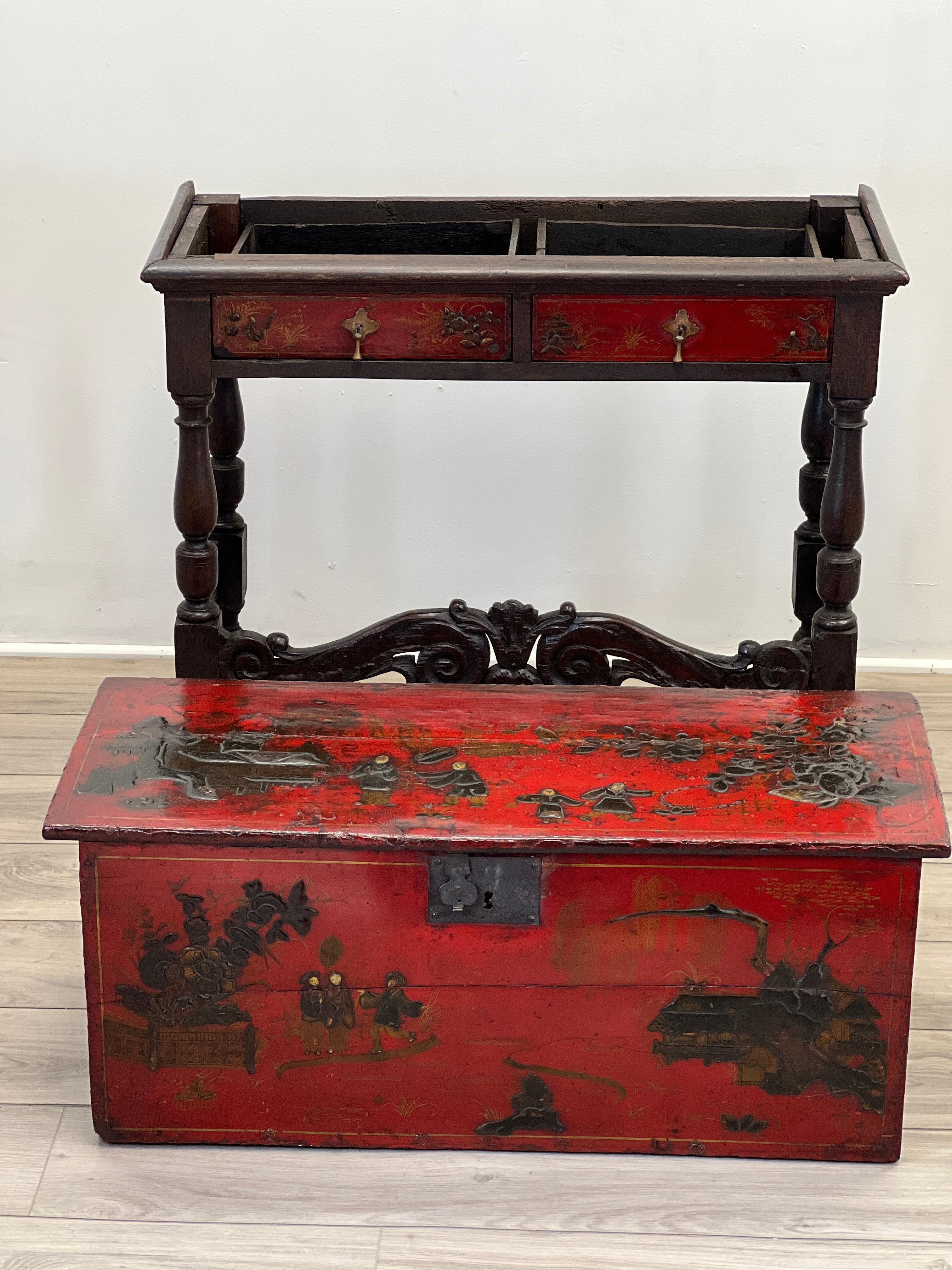 Hand-Carved 17th Century, William and Mary Chinoiserie Trunk on Stand  For Sale