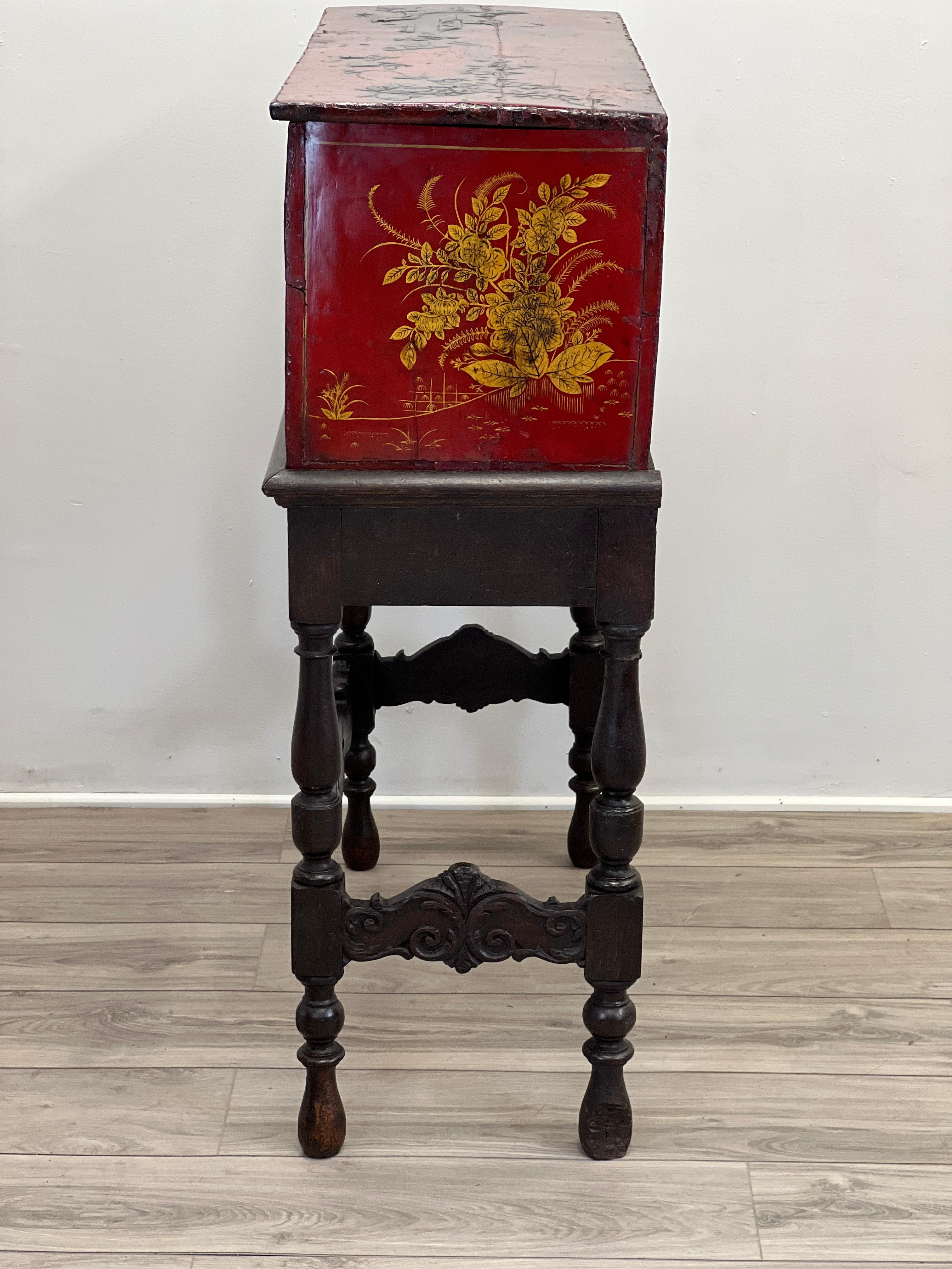 Oak 17th Century, William and Mary Chinoiserie Trunk on Stand  For Sale