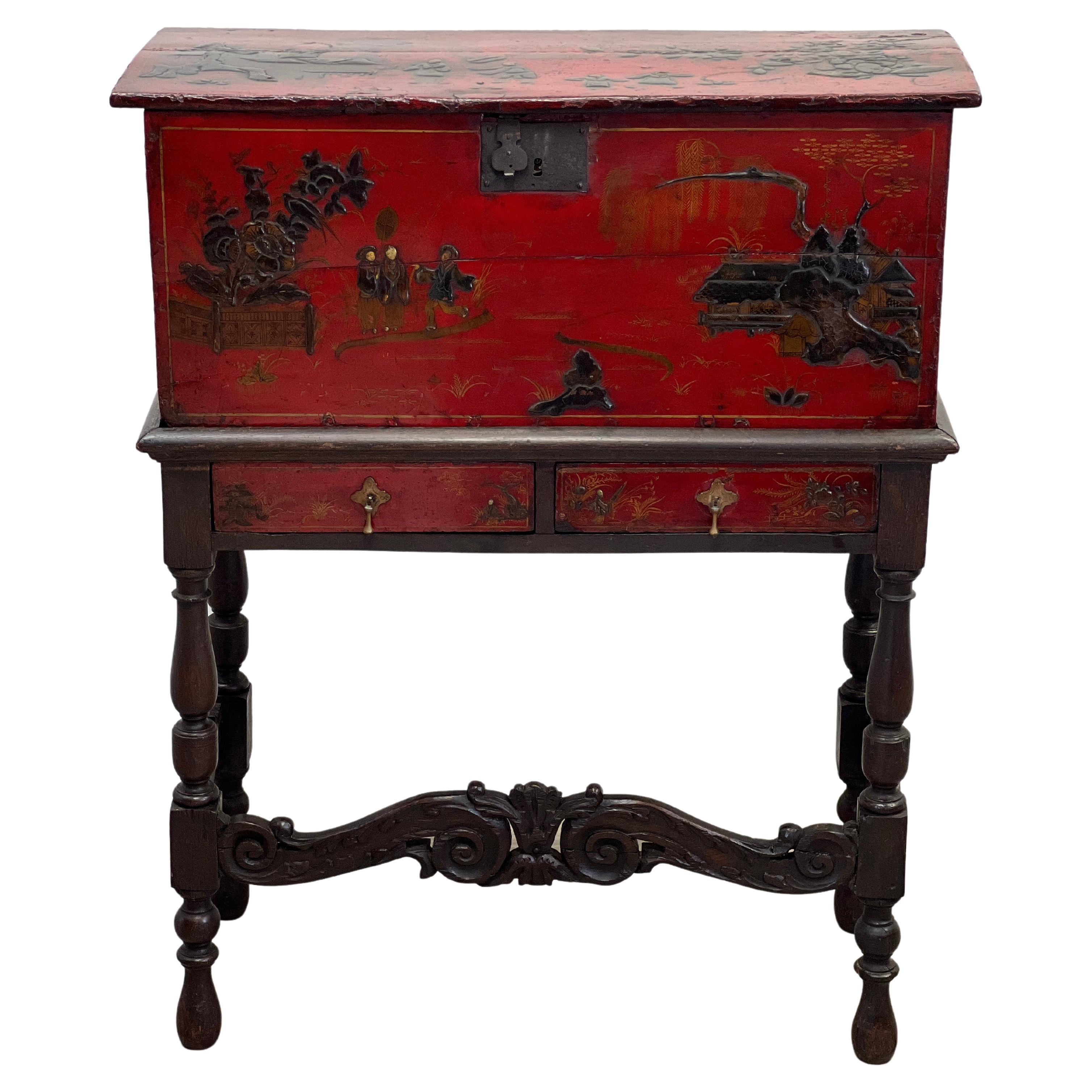 17th Century, William and Mary Chinoiserie Trunk on Stand  For Sale