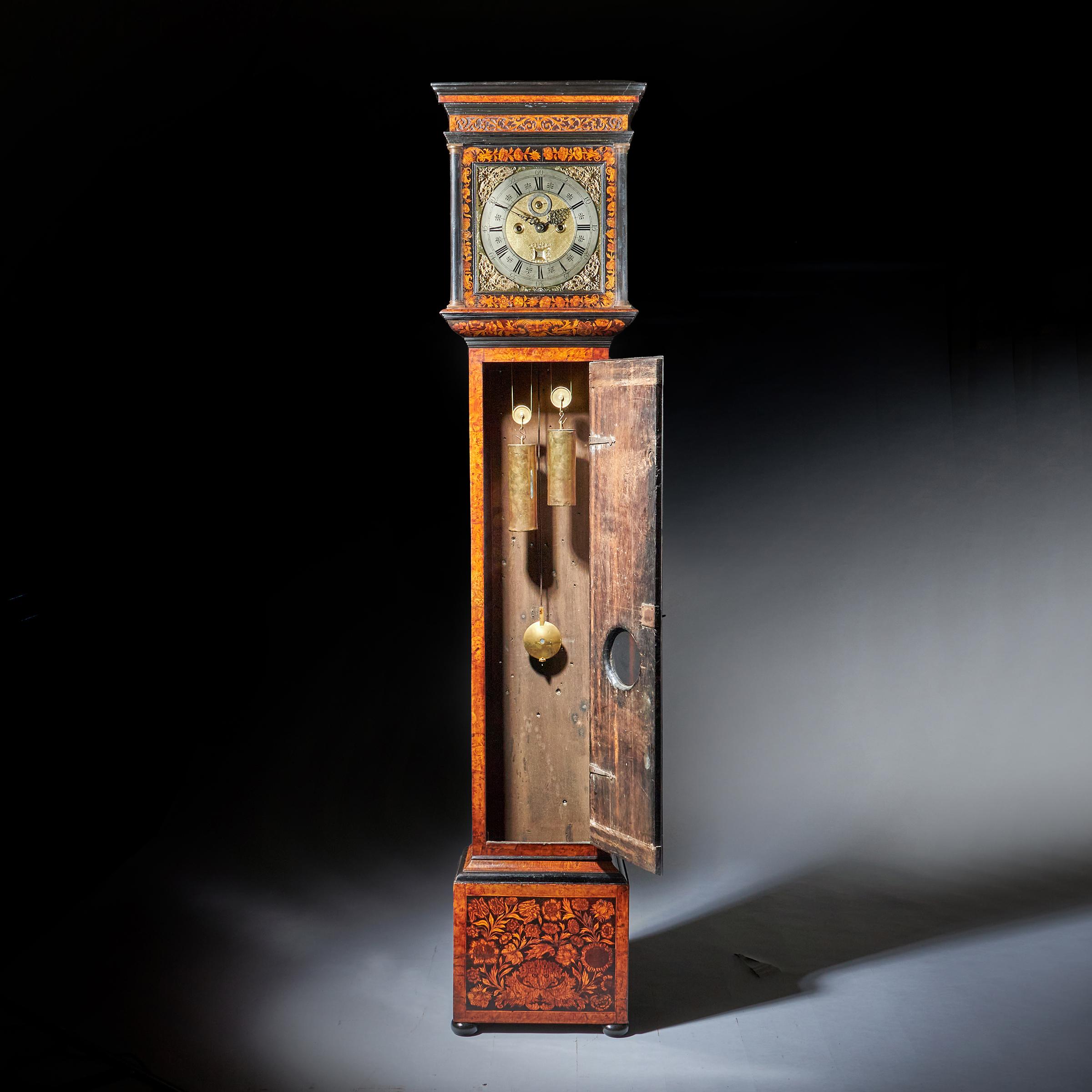 British 17th Century William and Mary Eight-Day Burl Elm Floral Marquetry Longcase Clock