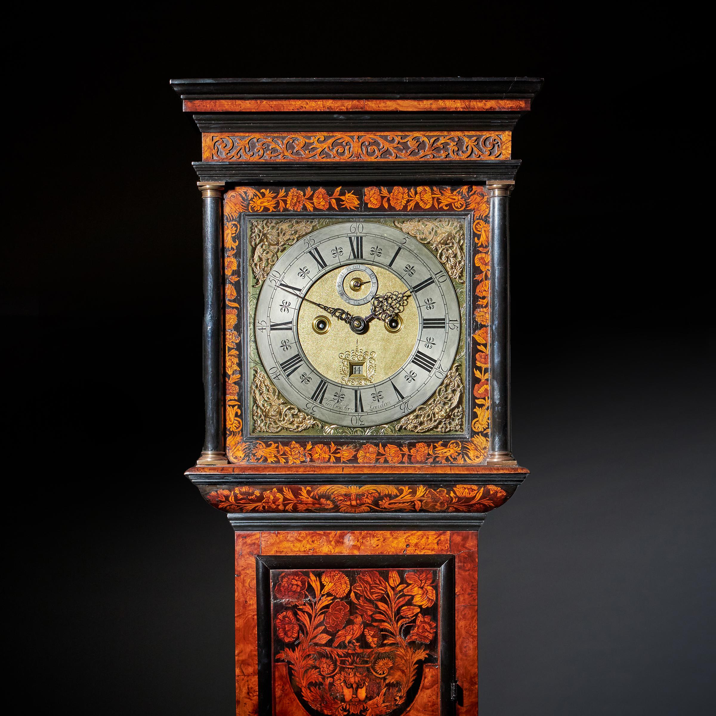 17th Century William and Mary Eight-Day Burl Elm Floral Marquetry Longcase Clock 1
