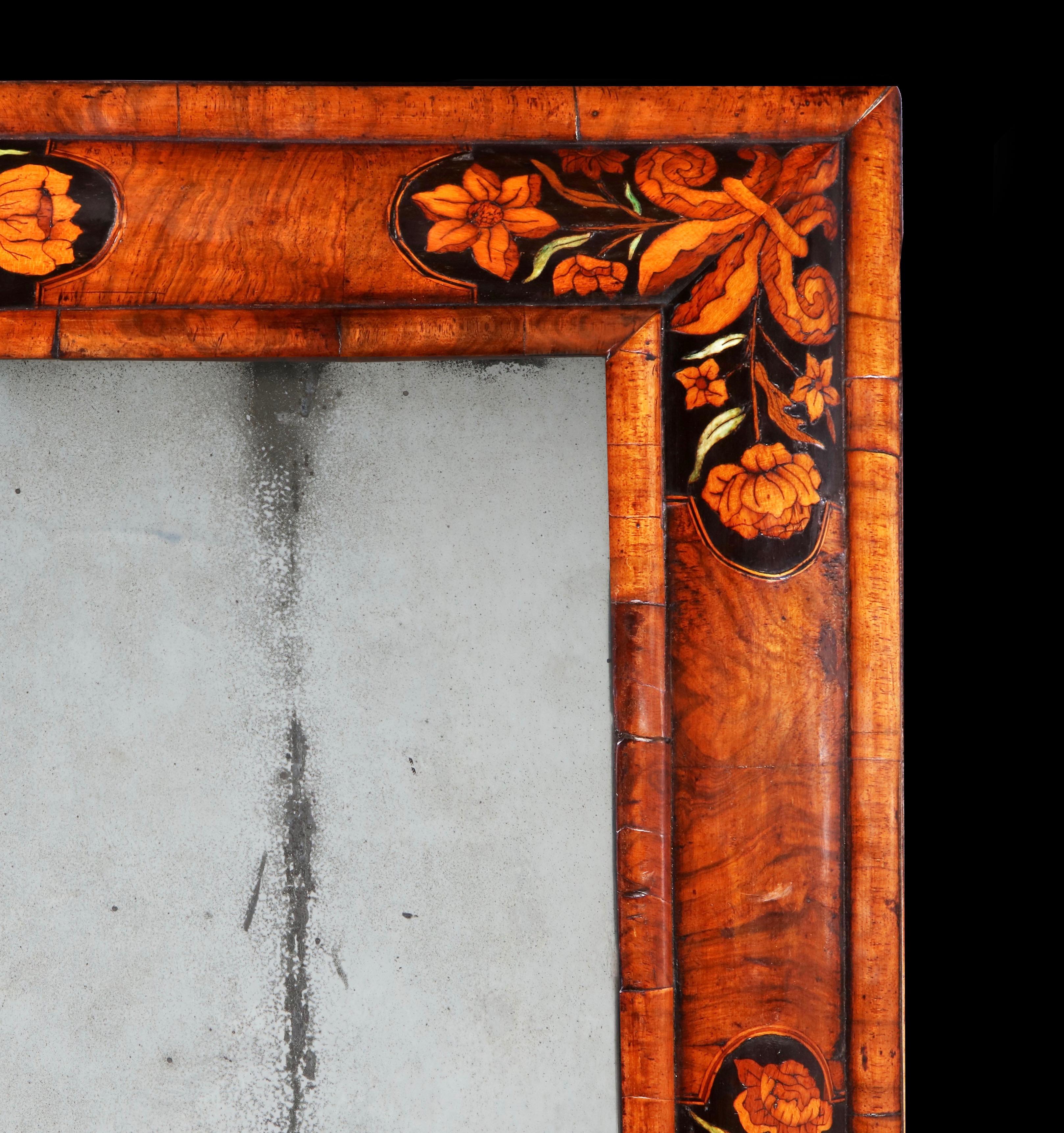 English 17th Century William and Mary Figured Walnut Marquetry Cushion Mirror