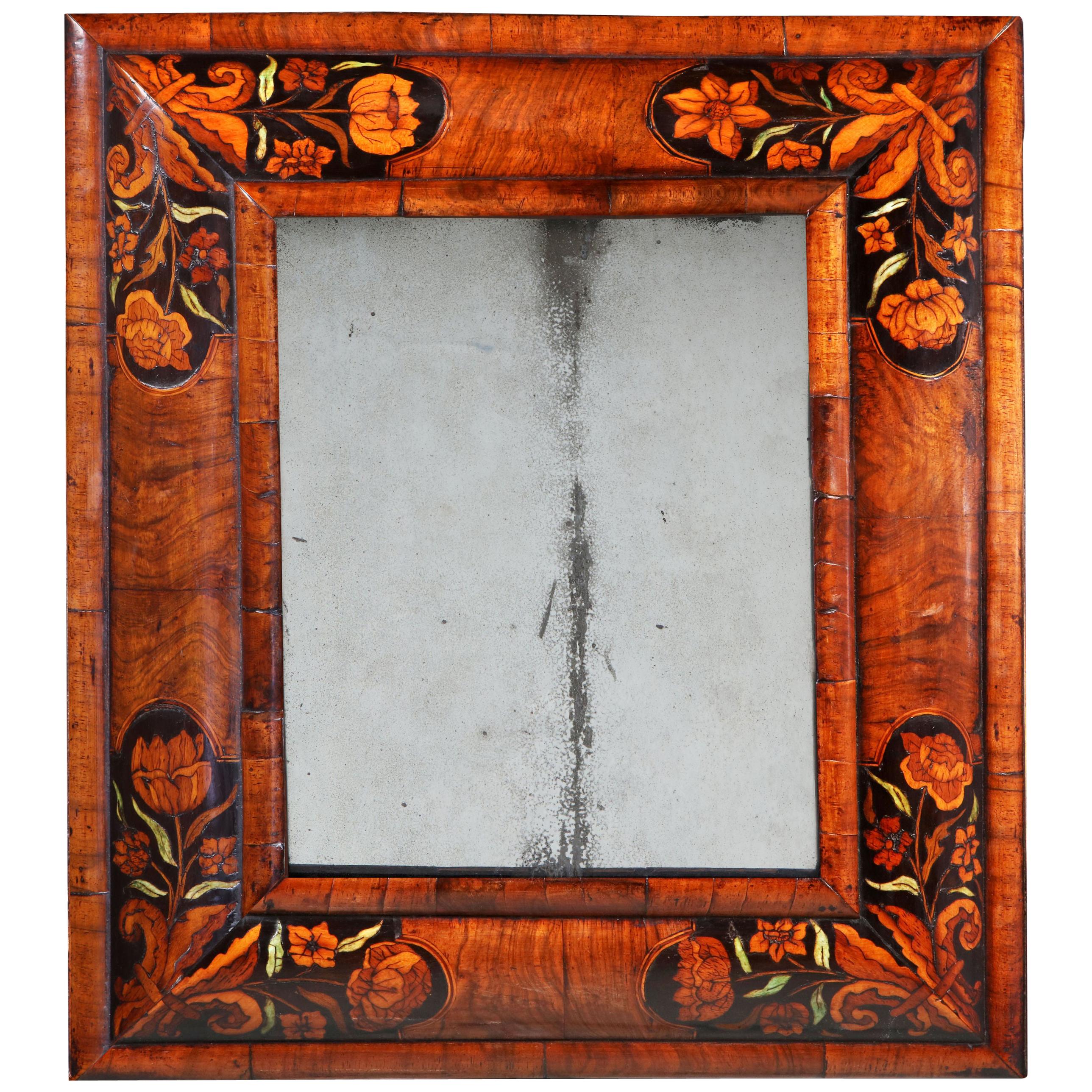 17th Century William and Mary Figured Walnut Marquetry Cushion Mirror
