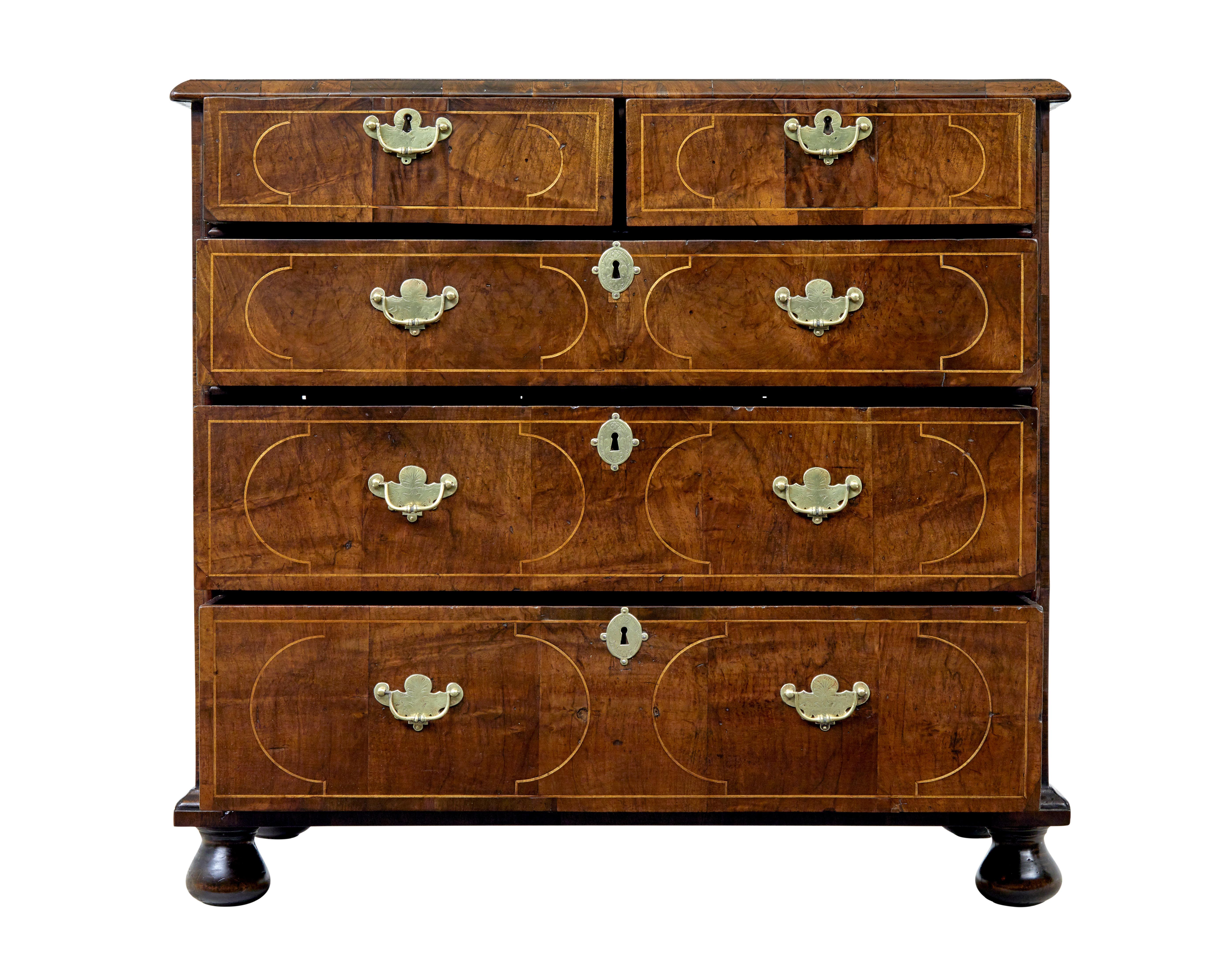 English 17th century William and Mary inlaid walnut chest of drawers For Sale