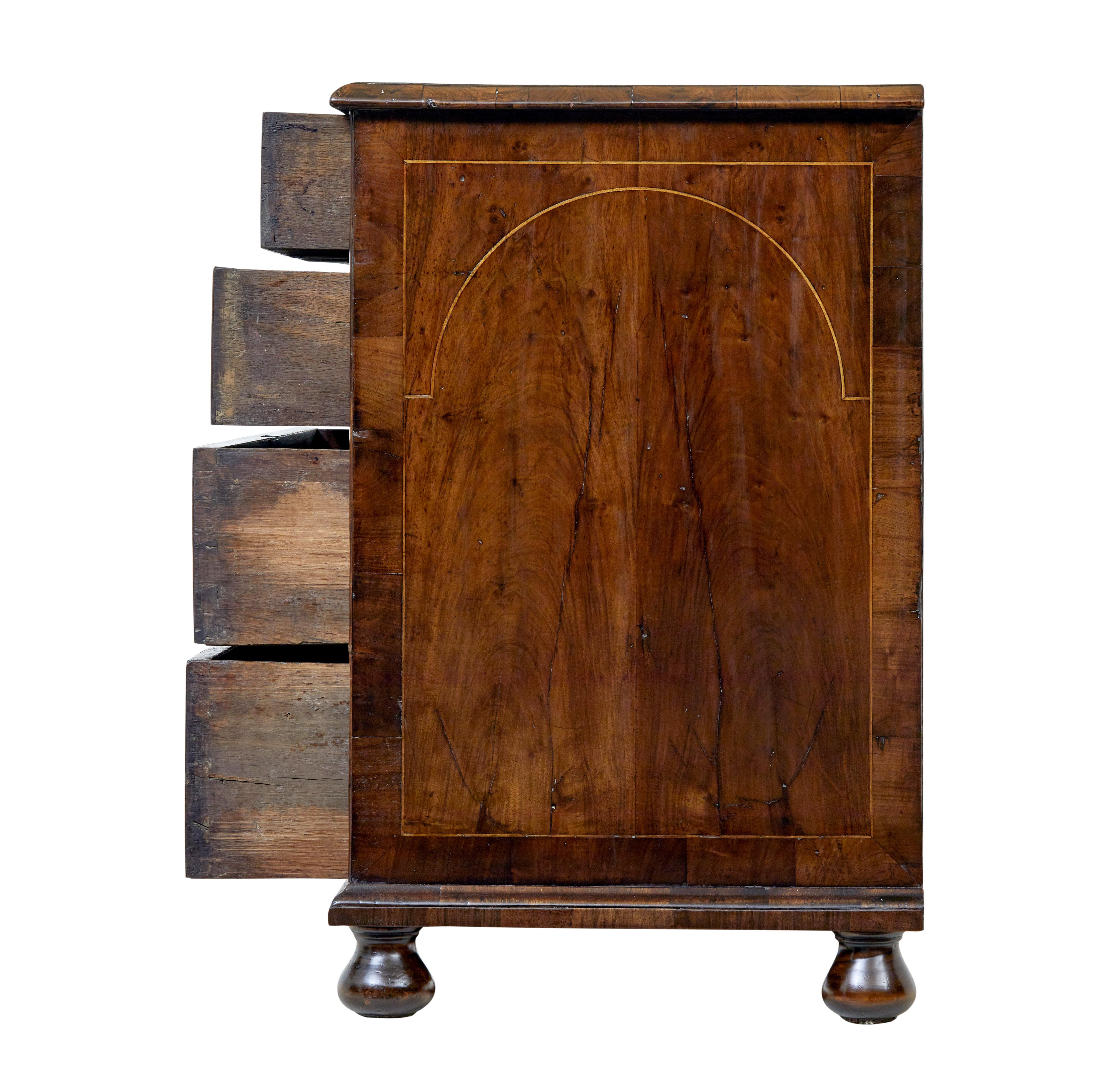 Hand-Carved 17th century William and Mary inlaid walnut chest of drawers For Sale