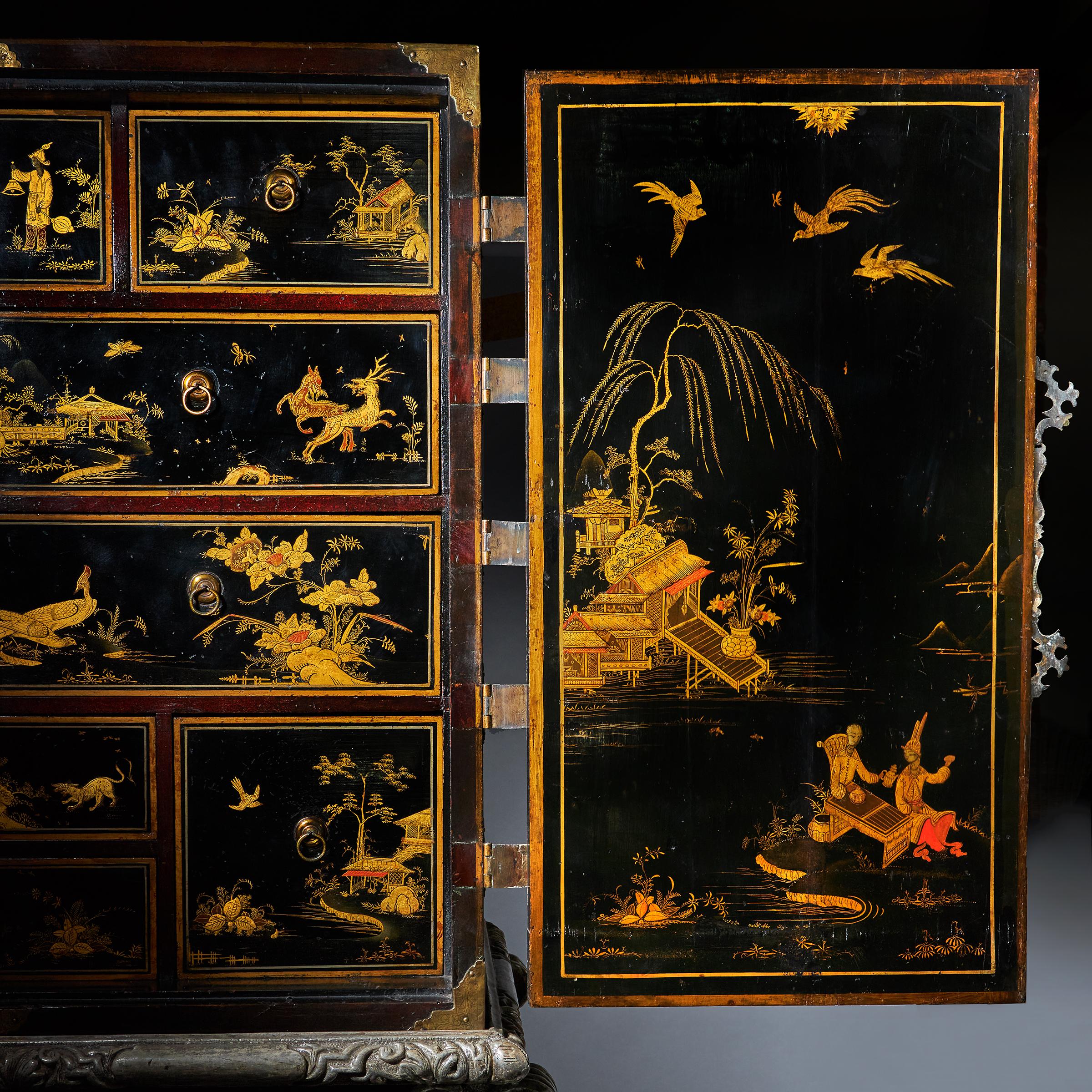 17th Century William and Mary Japanned Cabinet on Original Silver Gilt Stand 2