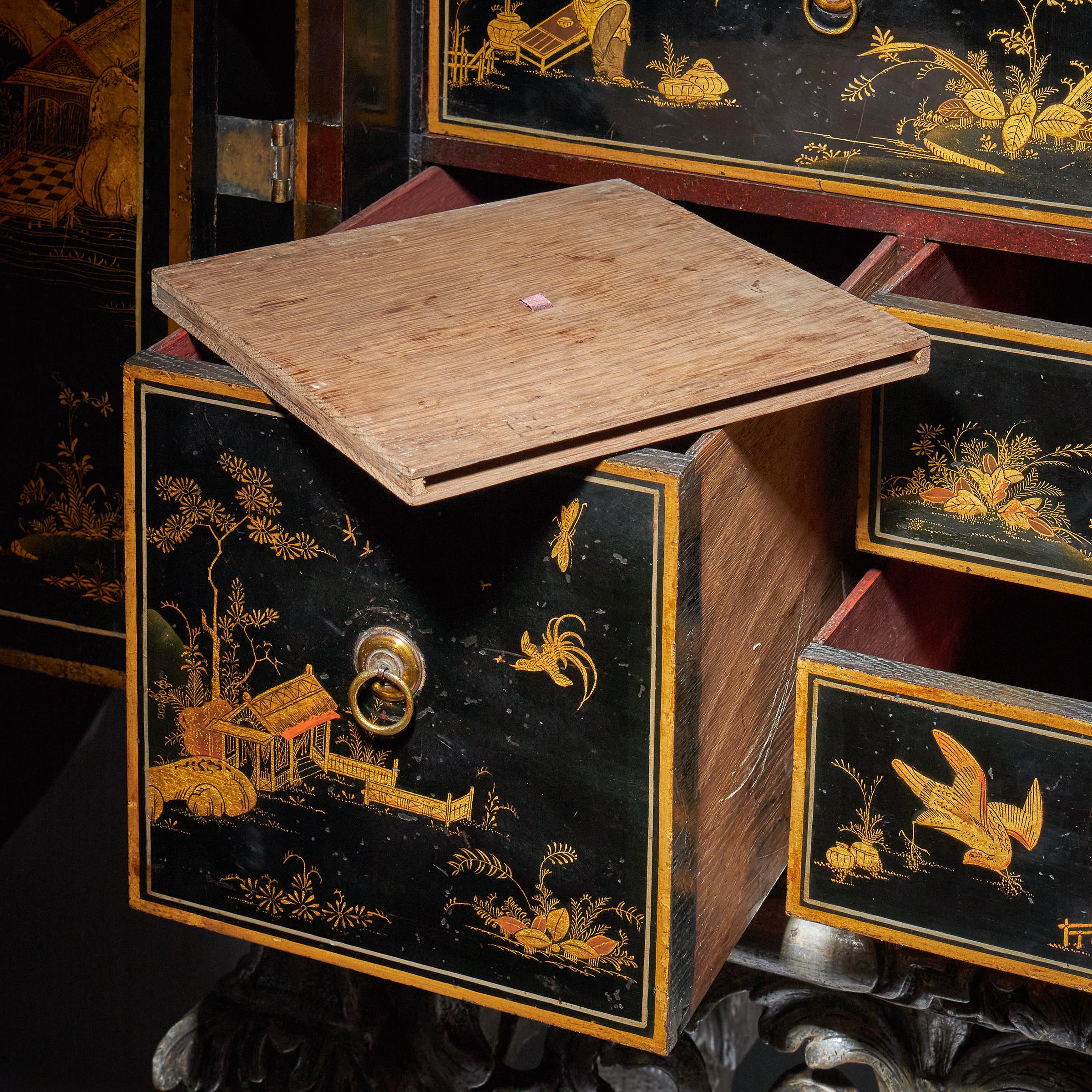 17th Century William and Mary Japanned Cabinet on Original Silver Gilt Stand 4