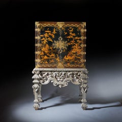 17th Century William and Mary Japanned Cabinet on Original Silver Gilt Stand