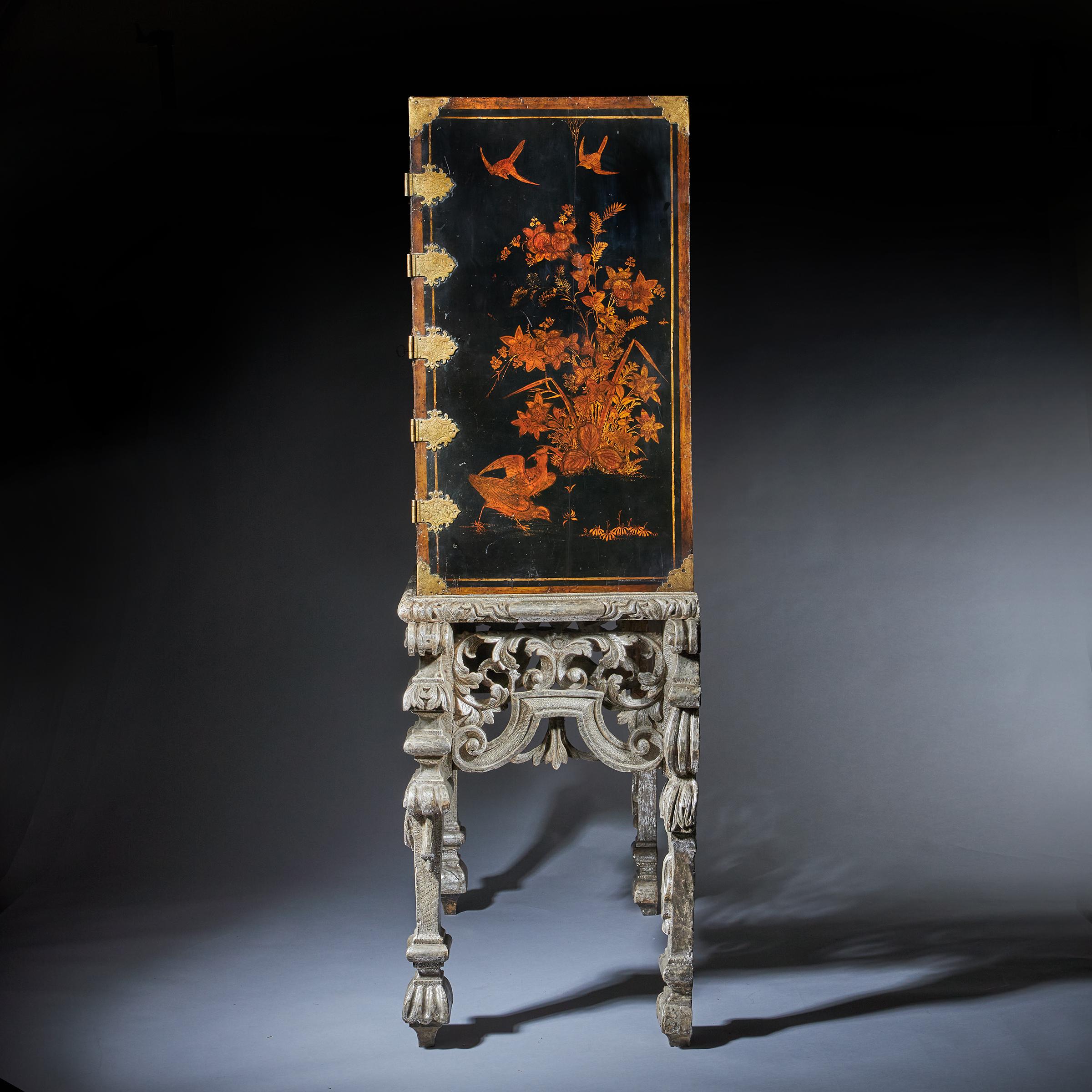 English 17th Century William and Mary Japanned Cabinet on Original Silver Gilt Stand