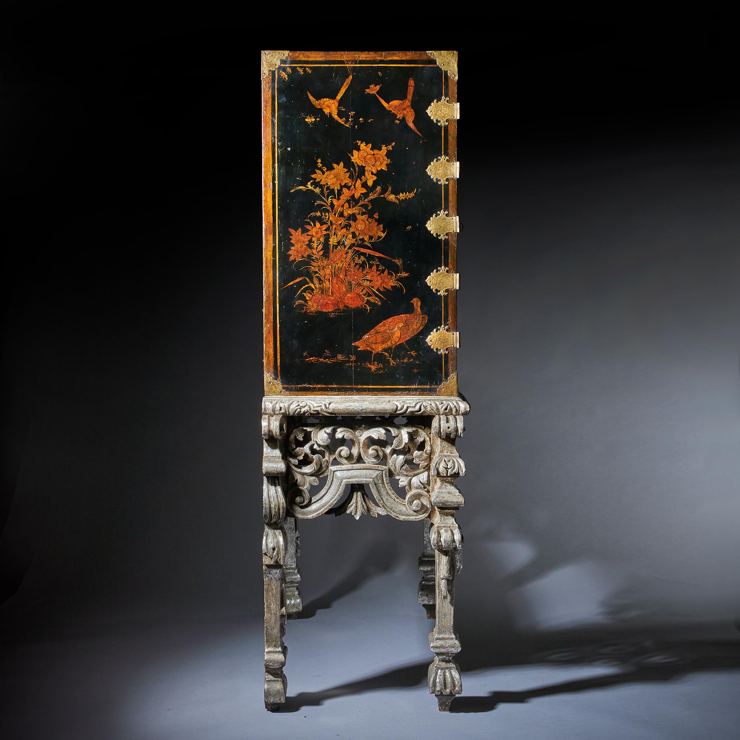 18th Century and Earlier 17th Century William and Mary Japanned Cabinet on Original Silver Gilt Stand